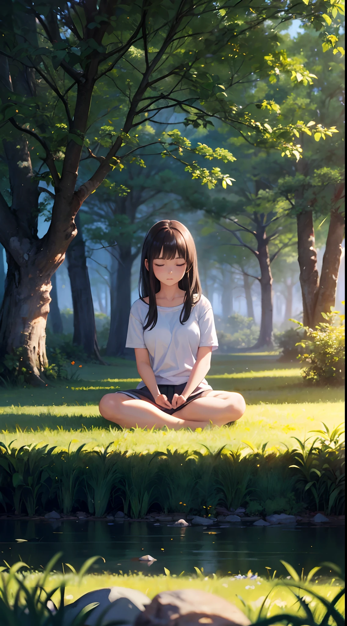 A meditative,Girl in a serene landscape,eye closed, peaceful environment, Calm atmosphere,Tranquility,Silence,soft sunlight,gentle wind,Blissful Heart,Inner peace,serenidade,Soothing colors,natural scenery,Floating feeling,Rest,harmony,Relaxation...(Best Quality,hight resolution,Ultra-detailed),Landscape painting,realistic artwork,Impressionistic style,Soft brush strokes,Subtle color blends,Vivid colors,A play of light and shadow,Ethereal,Spiritual Experiences...