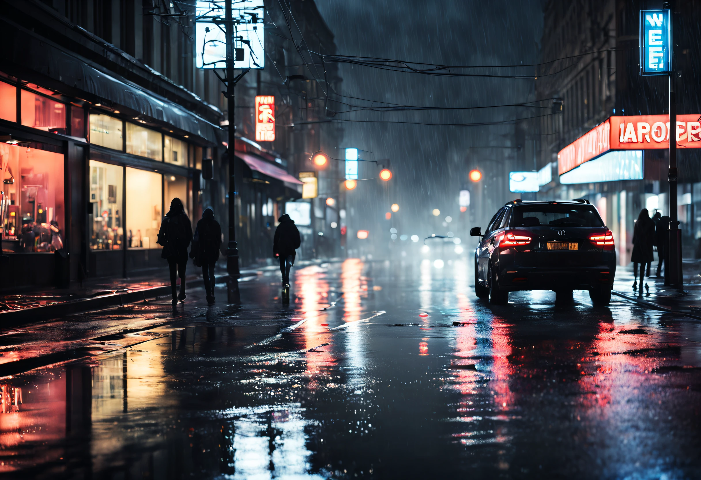 (best quality,4k,8k,highres,masterpiece:1.2),ultra-detailed,(realistic,photorealistic,photo-realistic:1.37),rainy night,lightning,heavy rain,neon lights,cityscape reflections,wet pavement,umbrella-carrying figures,splashing water,glistening raindrops,blurry car lights,moody atmosphere,eerie shadows,dramatic contrast,dynamic composition,luminous colors,dark and mysterious,urban landscape,melancholic ambiance,electric energy,water reflections,illuminated windows,glowing signs,puddles,streetscape,nighttime hustle and bustle,stormy sky,electricity in the air,striking visual impact,atmospheric perspective,foreboding feeling,emotive art,impressive detail,ethereal beauty,serene yet dramatic,visual poetry.