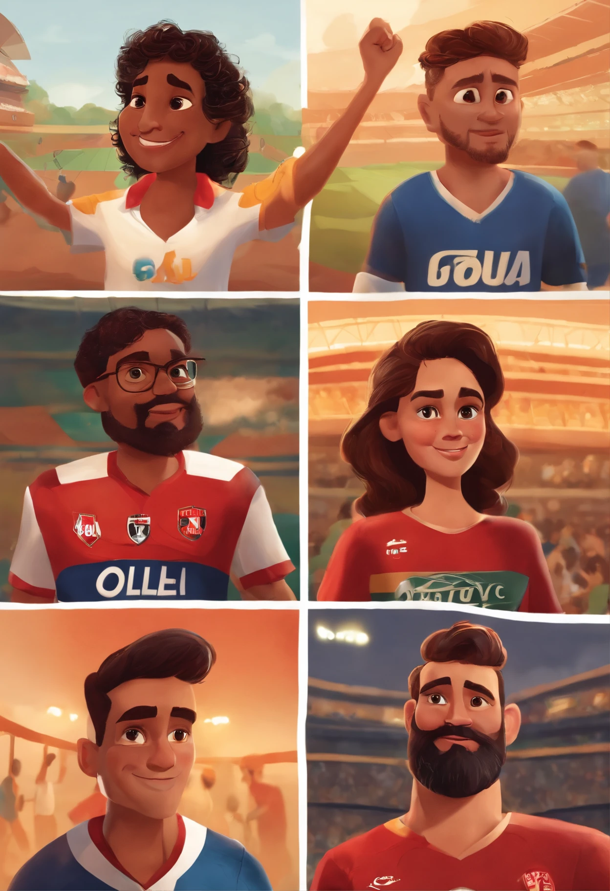 criar quatro personagens estilo pixar, dois adulto de 36 anos, 1,90 altas, cabelos e olhos castanhos, pele clara, skinny and one with a beard on his face and two children aged 9 and 6, 1,40 altas, olhos escuros, cabelos loiro escuro e pele clara. The four characters are dressed in the shirt of the São Paulo football club and the four characters are at the Morumbi stadium celebrating a title