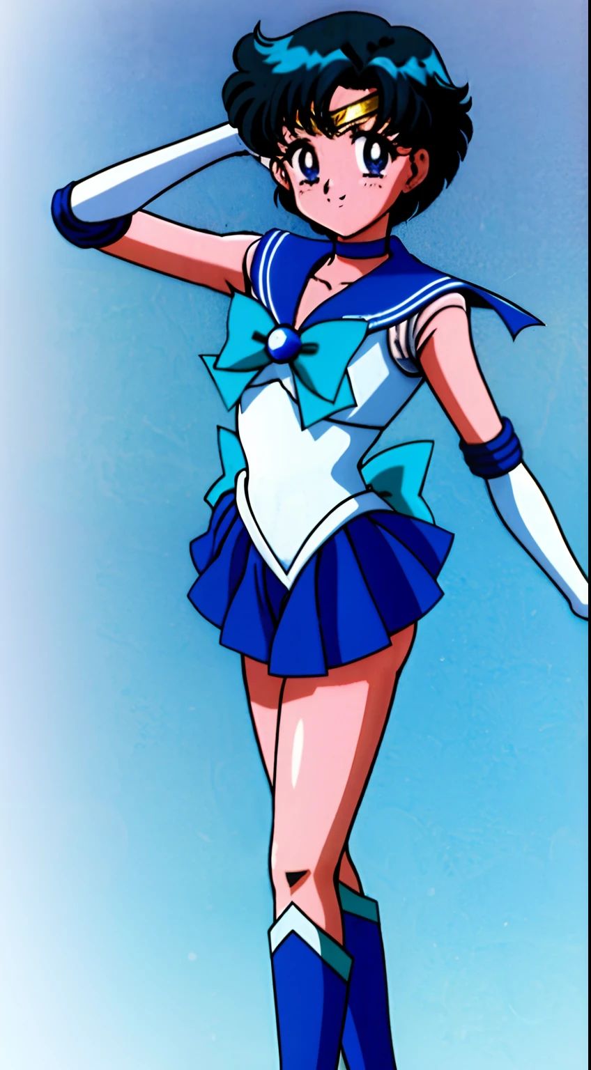top-quality、​masterpiece、Sailor Senshi Uniform、Anime Boy、Handsome boy、Junior high school boys、Ami Mizuno、gender change、Sailor Mercury、gender change(Girls to boys)、rating:safe、solo、Blue sailor collar、Sky blue bow tie、Magical Boy、Blue choker、Very short blue-haired boy、jewelry、skirt、耳Nipple Ring、white glove、elbowgloves、bow、Blue knee boots、Blue Heeled Boots、a blue skirt、circlet、Blue-eyed boy、back_bow、White leotard、highleg leotard、robe blanche、Boy with very short black hair、blue_bow、sky blue_bow、white_bow、Boy standing、smile、a miniskirt、pleatedskirt、Muscular men、photo、Bare shoulders、bare legs、(1990's\(styles\):0.9)、Retro Anime Boys、an retro anime image、cel shaded anime、Hymns to the King as a Prince、full-body close-up shot、Anime、Soft lighting