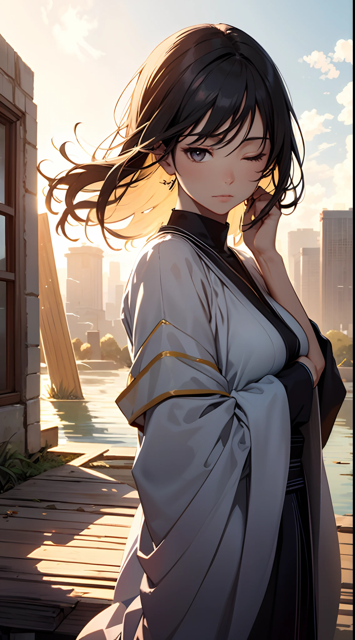 A meditative,Girl in a serene landscape,eye closed, peaceful environment, Calm atmosphere,Tranquility,Silence,soft sunlight,gentle wind,Blissful Heart,Inner peace,serenidade,Soothing colors,natural scenery,Floating feeling,Rest,harmony,Relaxation...(Best Quality,hight resolution,Ultra-detailed),Landscape painting,realistic artwork,Impressionistic style,Soft brush strokes,Subtle color blends,Vivid colors,A play of light and shadow,Ethereal,Spiritual Experiences...