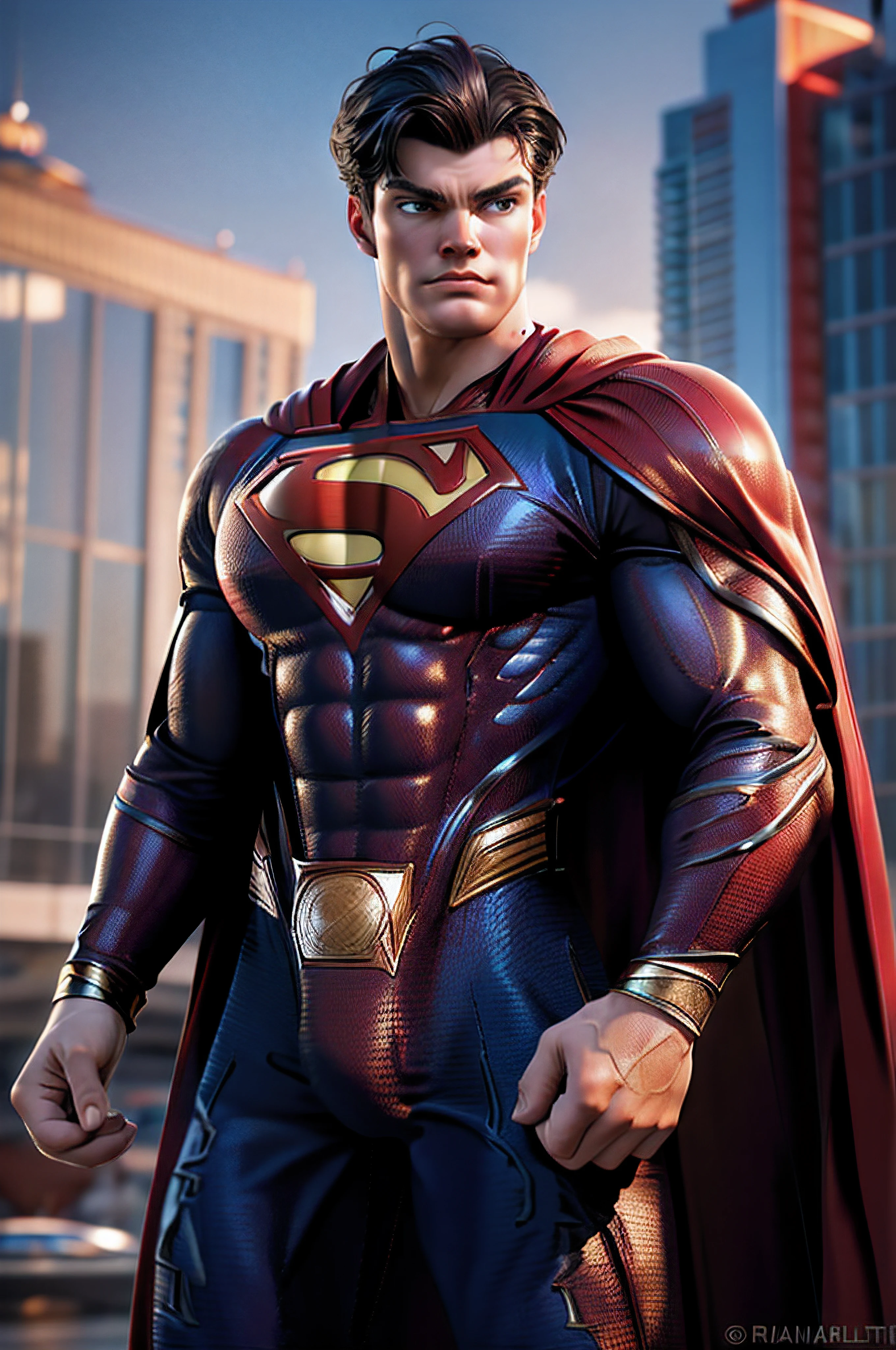 best quality,4k,8k, high res, masterpiece:1.2),ultra-detailed, realistic, photorealistic:1.37, dynamic, action-filled background, Alan Ritchson as cosplaying as Superman, the superman costume is tactical in appearance, red cape, Full body, In a fighting stance, Hyper muscular, fun, charismatic, detailed eyes,