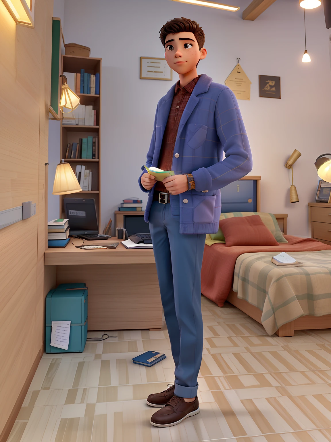 A wise young man standing in front, illuminated by the light of a lamp, contra o pano de fundo de uma biblioteca