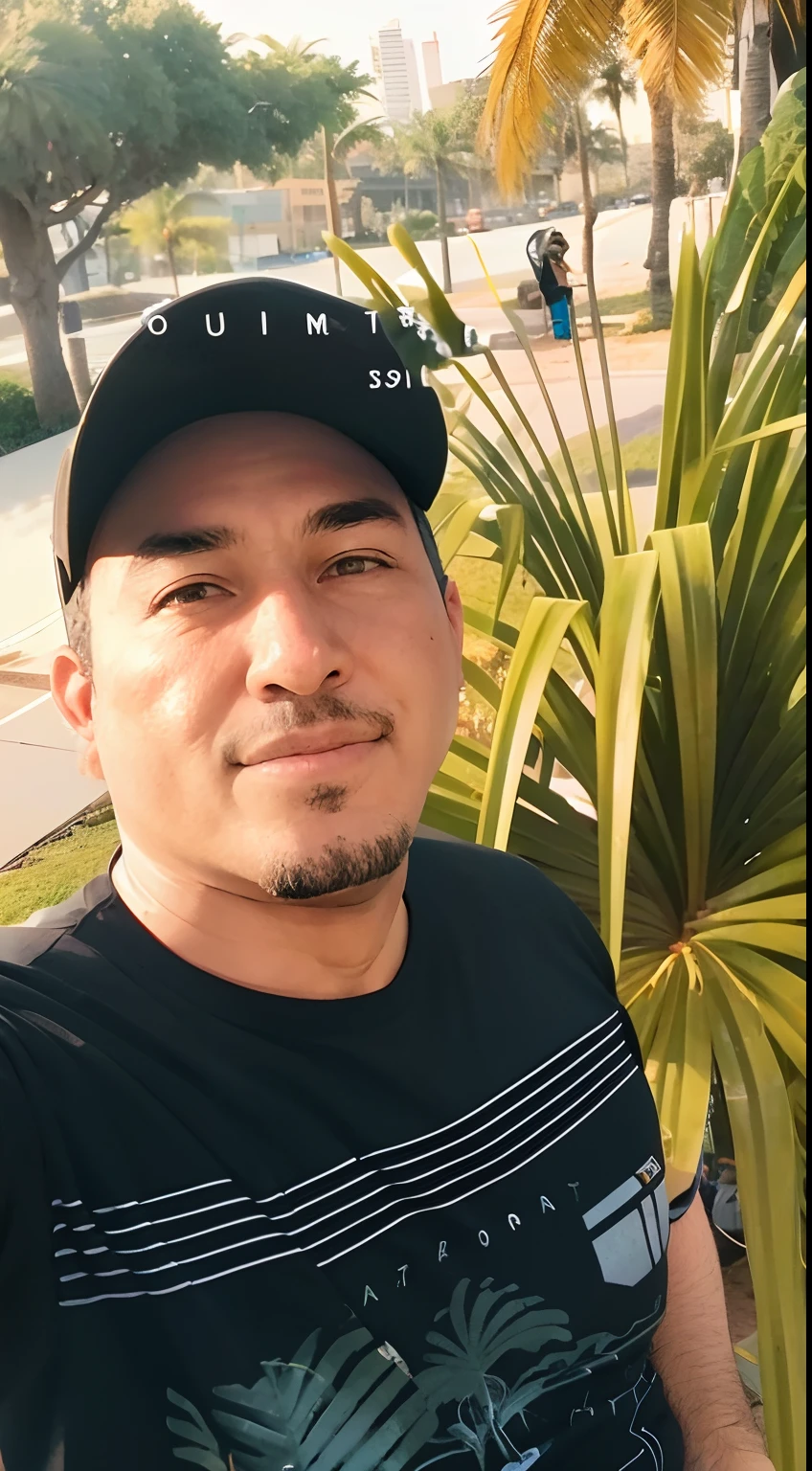 There's a man standing in front of a palm tree, Homem de 4 0 anos,during sunset, Fotografia selfie 8k