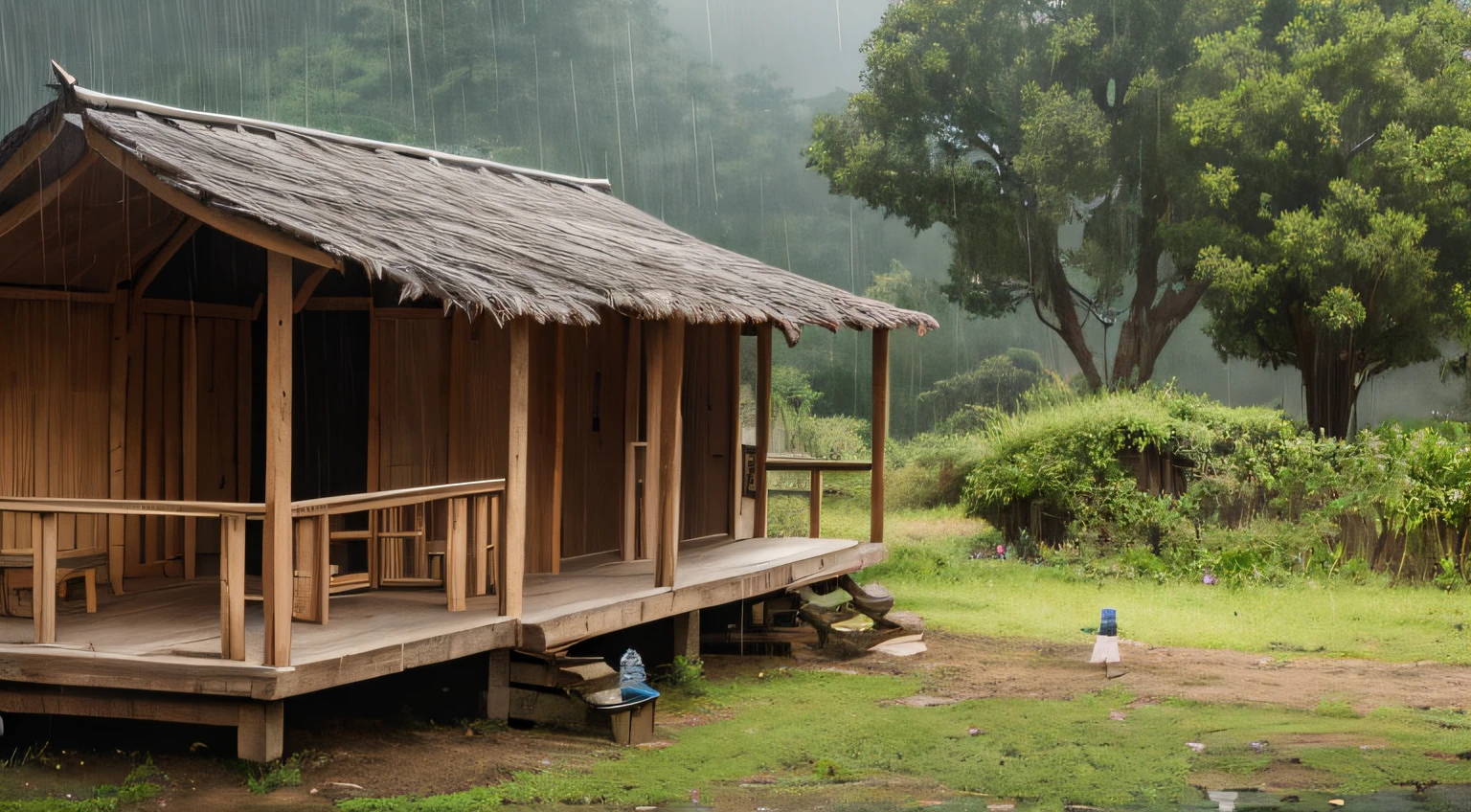 A dead old woman with a beautiful and luminous face is standing next to a wooden hut under the rain and looking at the hut