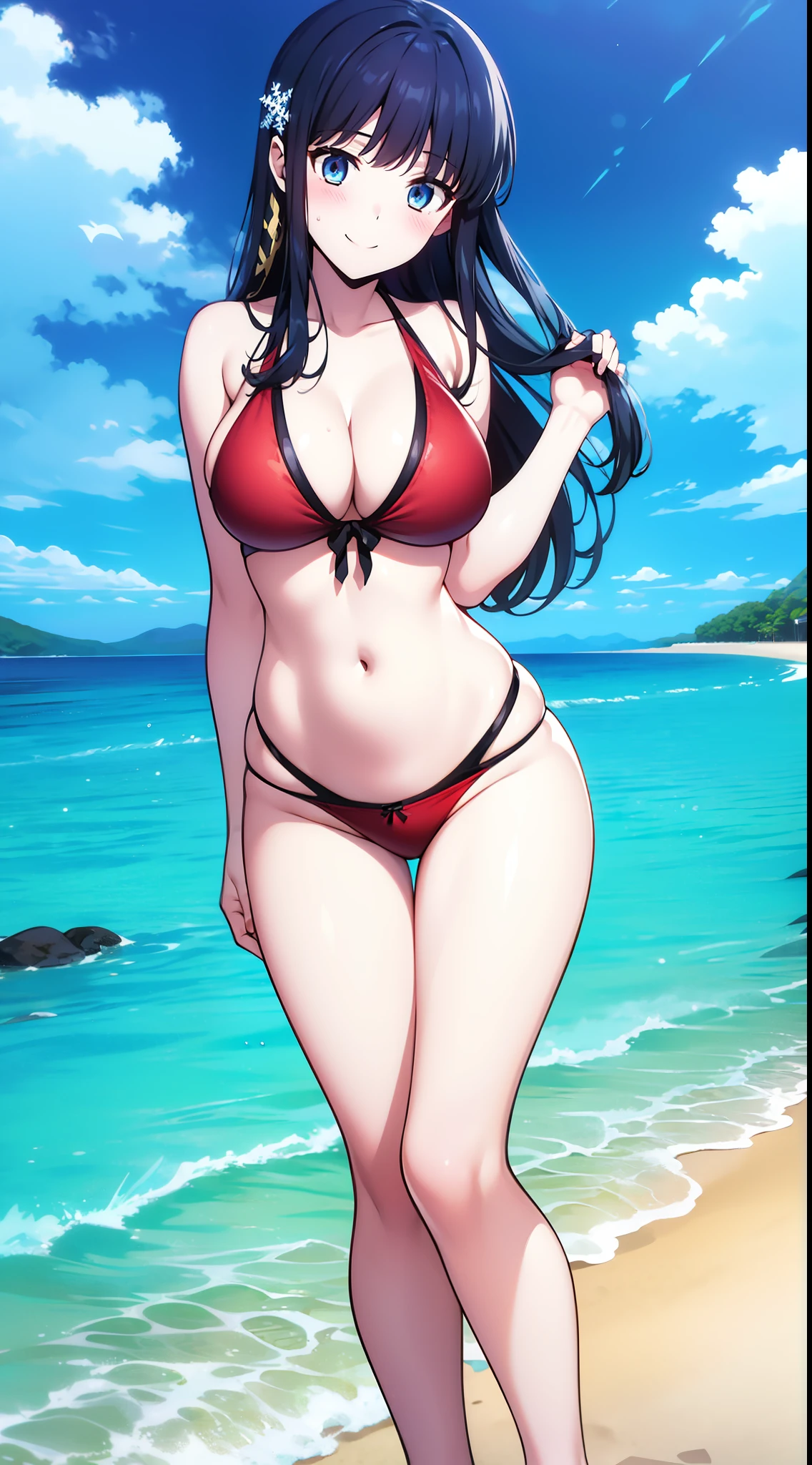 Miyuki, 1girl in, Solo, long_hair, Bangs, Blue_Eyes, Black_hair, hair_ornament detached, blunt_Bangs, Yuki, Snowflake_hair_ornament detached、Look at viewers、embarrassed, Blushing, A smile,(red bikinis:1.3),(the beach:1.3)、thighs thighs thighs thighs、cowboy shot、Bare neck、Bare arms、bare shoulders、bare elbows、Bare hands、Naughty big、large full breasts、