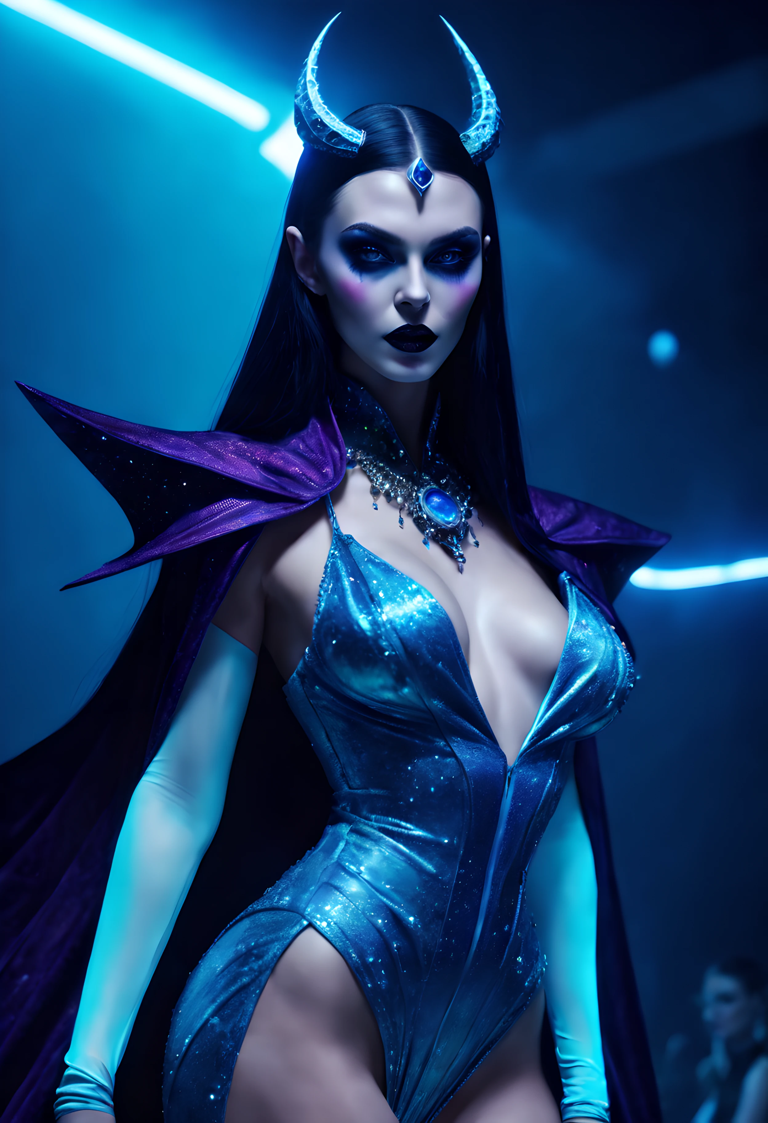 hyperrealistic and heavy detailed modern vampiric runway show of a sexy sorceress, wearing glowing clothing crazy fashion alternate costume, detailed face, real, atmospheric, sharp, 8k, high textured, maximalist, atmospheric, raytracing, real life, (((cosmic))), underwater