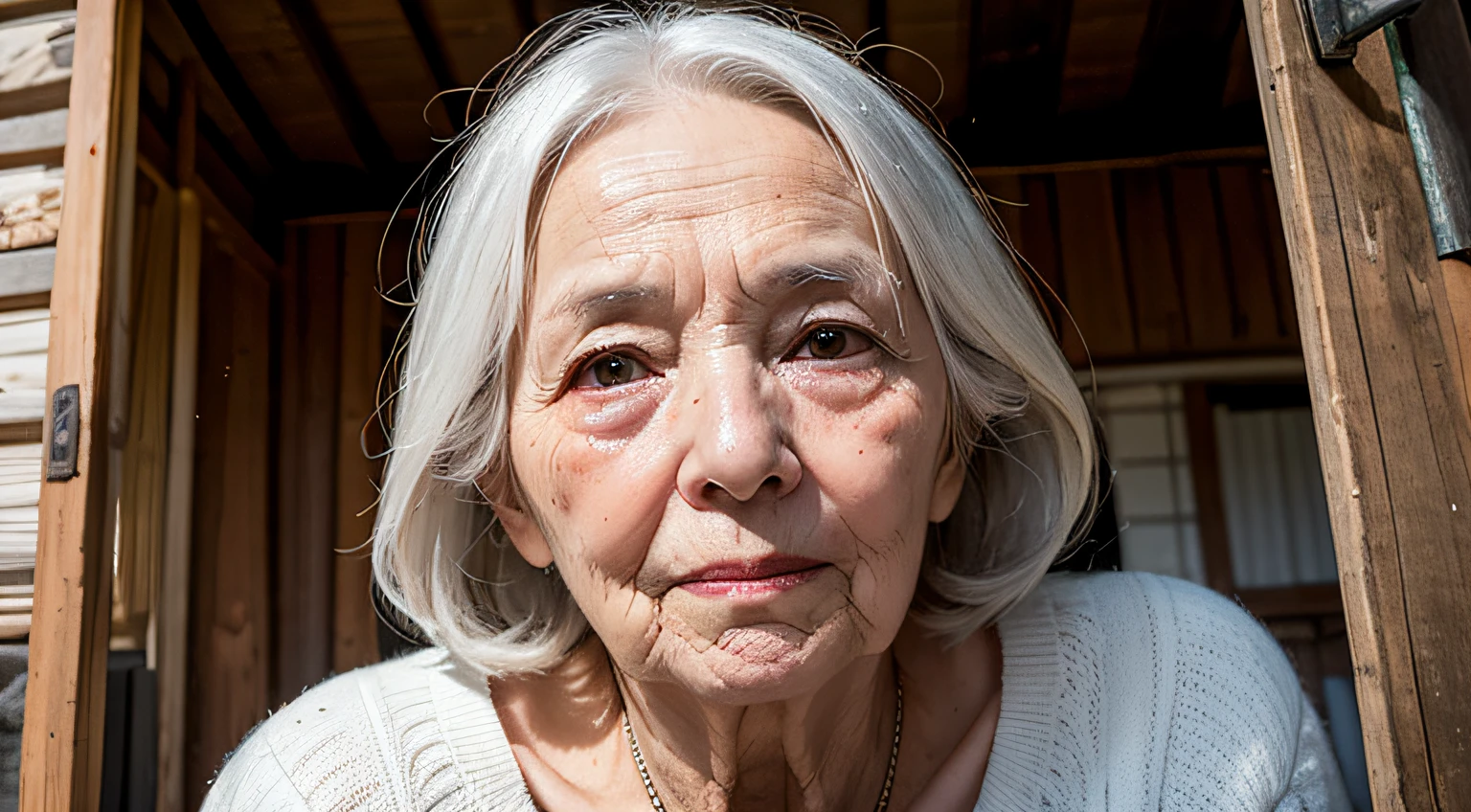 A dead old woman with a beautiful and radiant face next to a wooden hut under the rain