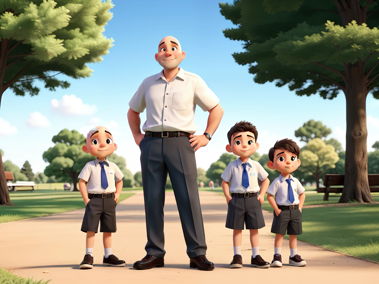 bald father and 2 boys in the park