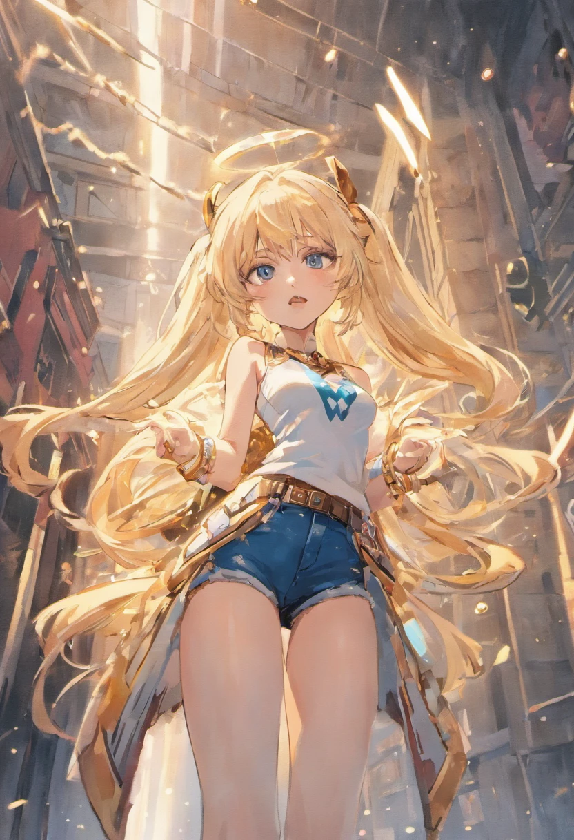 1 girl, masterpiece, macross delta splash art, best quality, white tank top, midriff, short blue jeans, small breasts, cowboy hat, gun holster on hip, highly detailed gun, realistic gun, Colt Peacemaker in hand, gun aimed forward, sheriff badge, bullets on belt, brown leather duster, leather overcoat, detailed eyes, sparkling eyes, beautiful hands, highly detailed hands, straight hands, shiny skin, shiny hair, blue eyes, light blonde hair, tall, long hair, straight hair, full body, American flag