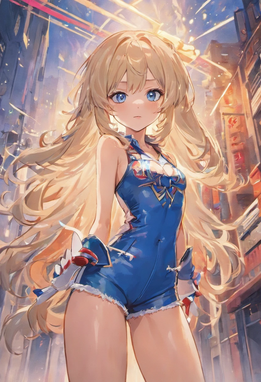 1 girl, masterpiece, macross delta splash art,  best quality, white tank top, midriff, short blue jeans, small breasts, cowboy hat, gun holster on hip, highly detailed gun, realistic gun, Colt Peacemaker in hand, gun aimed forward, sheriff badge, bullets on belt, brown leather duster, leather overcoat, detailed eyes, sparkling eyes, beautiful hands, highly detailed hands, straight hands, shiny skin, shiny hair, blue eyes, light blonde hair, tall, long hair, straight hair, full body, American flag