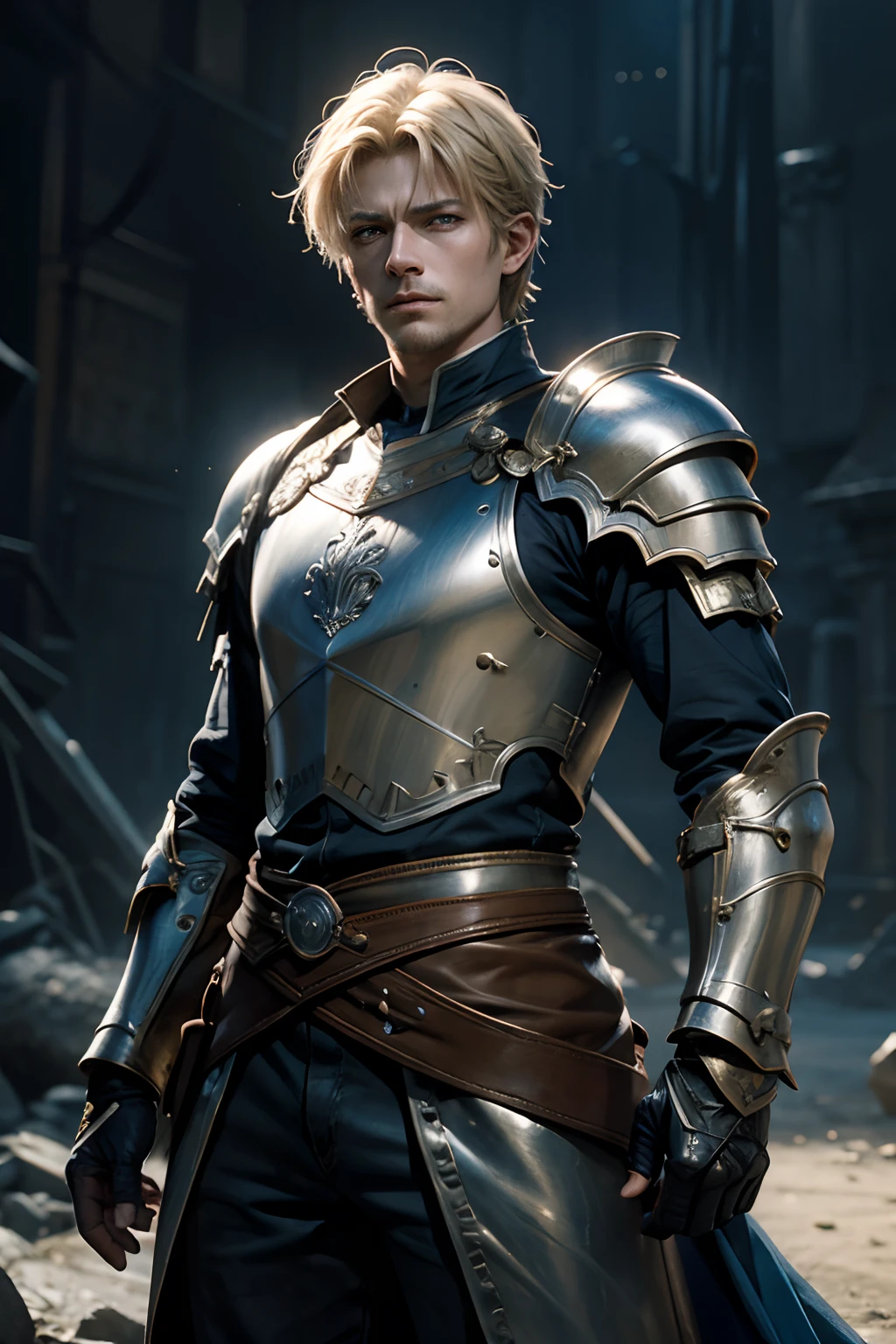 ultra realistic 8k cg, Parfait, propre, Masterpiece, professional artwork, famous artwork, Guerrier en armure lourd, homme chevalier, viril, 40 ans, cheveux blonds, very short hair, fantaisie, 3 D Rendu Personnage Art 8 K, Guerrier fantastique, Chevalier fantastique, hyperdetailed fantasy character, 2. 5 d CGI Anime Fantasy Artwork