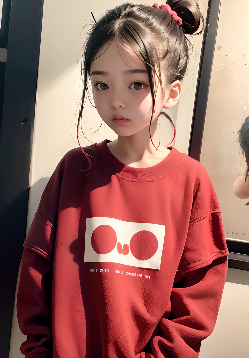 best qualtiy、​masterpiece、Dark hair、Bun hair、One knot、bangss、Fluffy scrunchie、Red sweatshirt、age19、