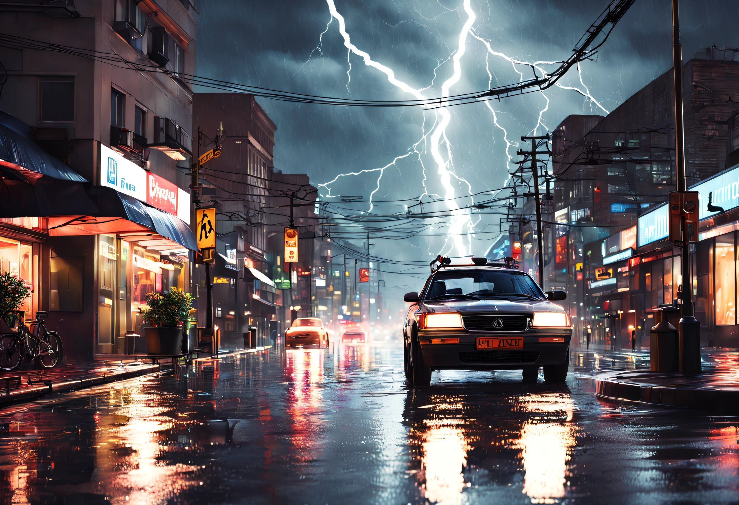 (best quality, 4k, 8k, high resolution, masterpiece: 1.2), ultra-detailed, (realistic, photorealistic, photorealistic: 1.37), rainy night, (lightning: 1.3), heavy rain, neon lights, cityscape reflections, wet pavement, umbrella. carrying figures, water splashes, bright raindrops, blurred car lights, moody atmosphere, eerie shadows, dramatic contrast, dynamic composition, luminous colors, dark and mysterious, cityscape, melancholic atmosphere, electric energy, reflections in water, illuminated windows, bright signs, puddles, cityscape, night hustle and bustle, stormy sky, electricity in the air, shocking visual impact, atmospheric perspective, foreboding feeling, emotional art, impressive details, ethereal beauty, serene but dramatic visual poetry.