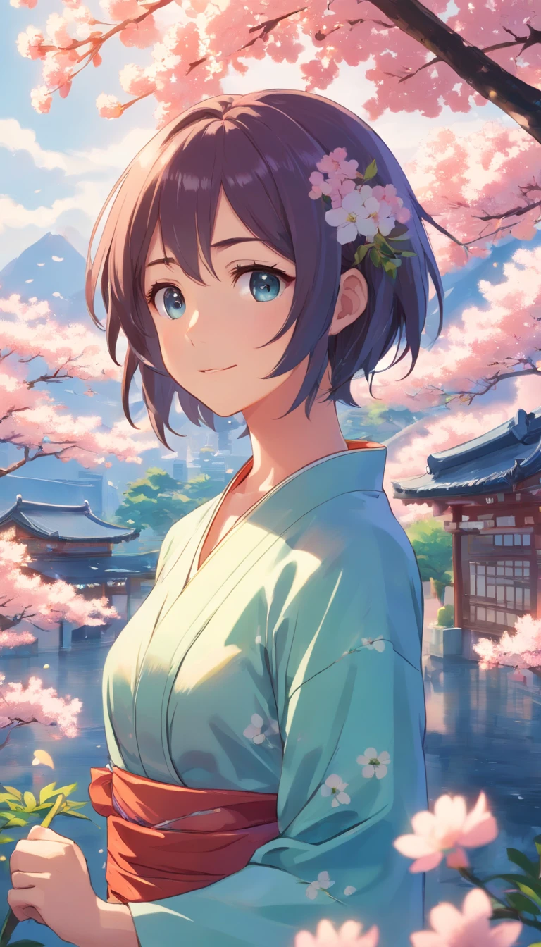 tmasterpiece, The best quality at best, 1fille, Sakura Haruno,(Gros plan sur le haut du corps),High sexy,est folle,sourire,aux cheveux noirs, longs cheveux whitr, (Globes oculaires verts:1.4), Protection frontale,Porter un kimono,mange des brocolisSous les cerisiers en fleurs,Fleurs de cerisier flottantes,Faible saturation,pale blue( Conception raisonnable, Lignes claires, high sharpness,Best quality, Very detailed, Masterpiece, Film light effect, 4K )