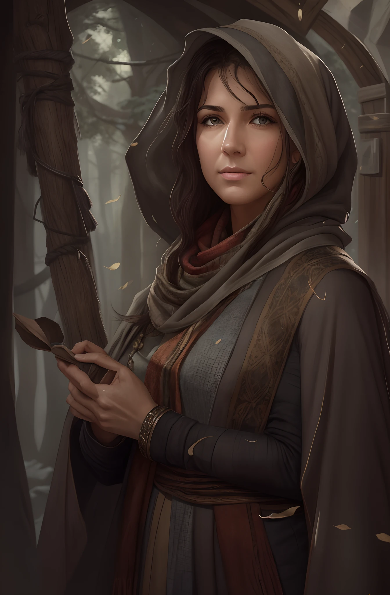 Drawing aapril, realistic fantasy, portrait, solo, middle-aged woman 1: 1, detailed description, gray eyes on the face, large nose with a hump 1: 1 large physique, + warts, large-scale powerful nose, mrashny chin, dressed in a flat, + gray old cloak, an old scarf wrapped around her head, + an old scarf, + an old scarf, cgsociety