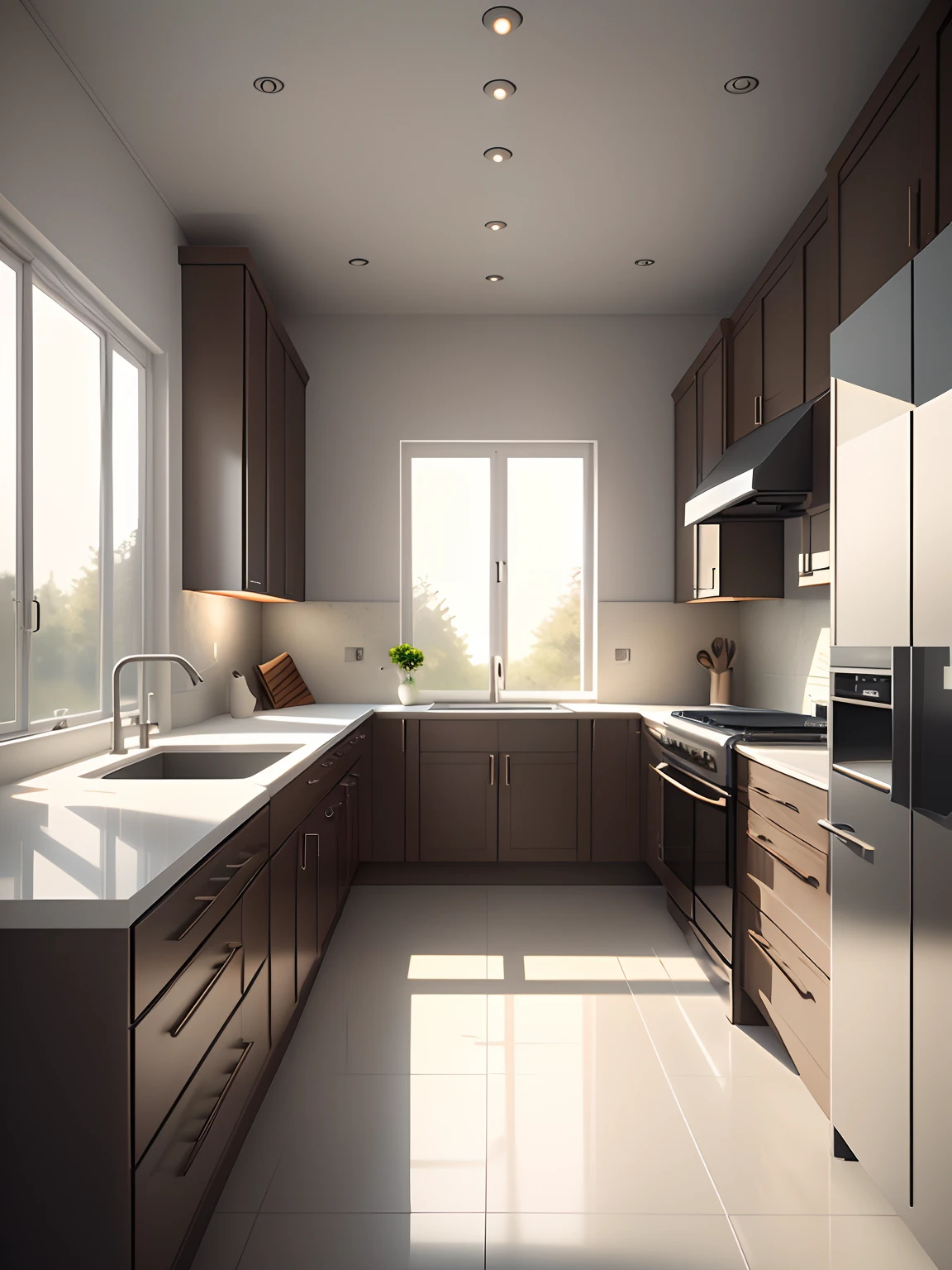 The kitchen is fitted with soft light floor tiles,Comes with white cabinets。, bright window lit kitchen, house kitchen on a sunny day, rendered in corona, Realistic physical rendering, made in unreal engine 4, made in unreal engine, highly photographic render, White broom wardrobe, luxury bespoke kitchen design, rendering in Unreal Engine 6, Detailed natural lighting, unreal engine realistic render, rendered with unreal engine