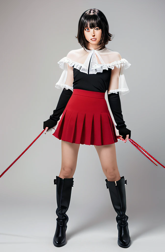 White background in studio. A villain played by a Japanese teenage actress (wavy bob, black hair), wearing a seductive villain costume (black and red, sheer skirt, boots), standing, holding a whip.