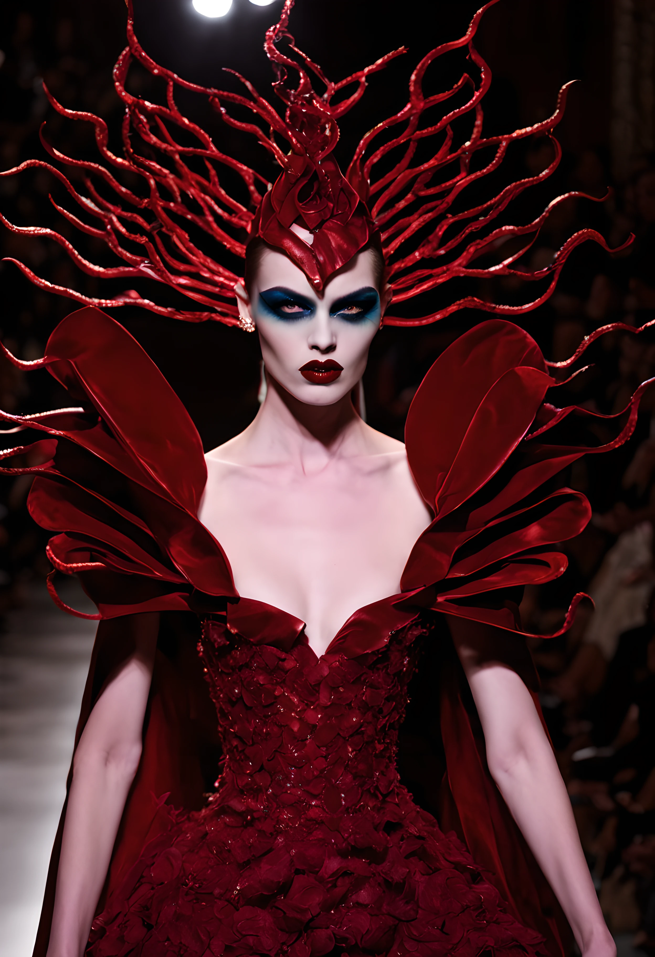 (fashion show:1.3), vampire model dressed in an extraordinary avant-garde gown, strutting down the runway of a high-fashion showcase, her porcelain skin contrasting against her deep crimson lips, she exudes an aura of otherworldly beauty, it is a fusion of darkness and extravagance