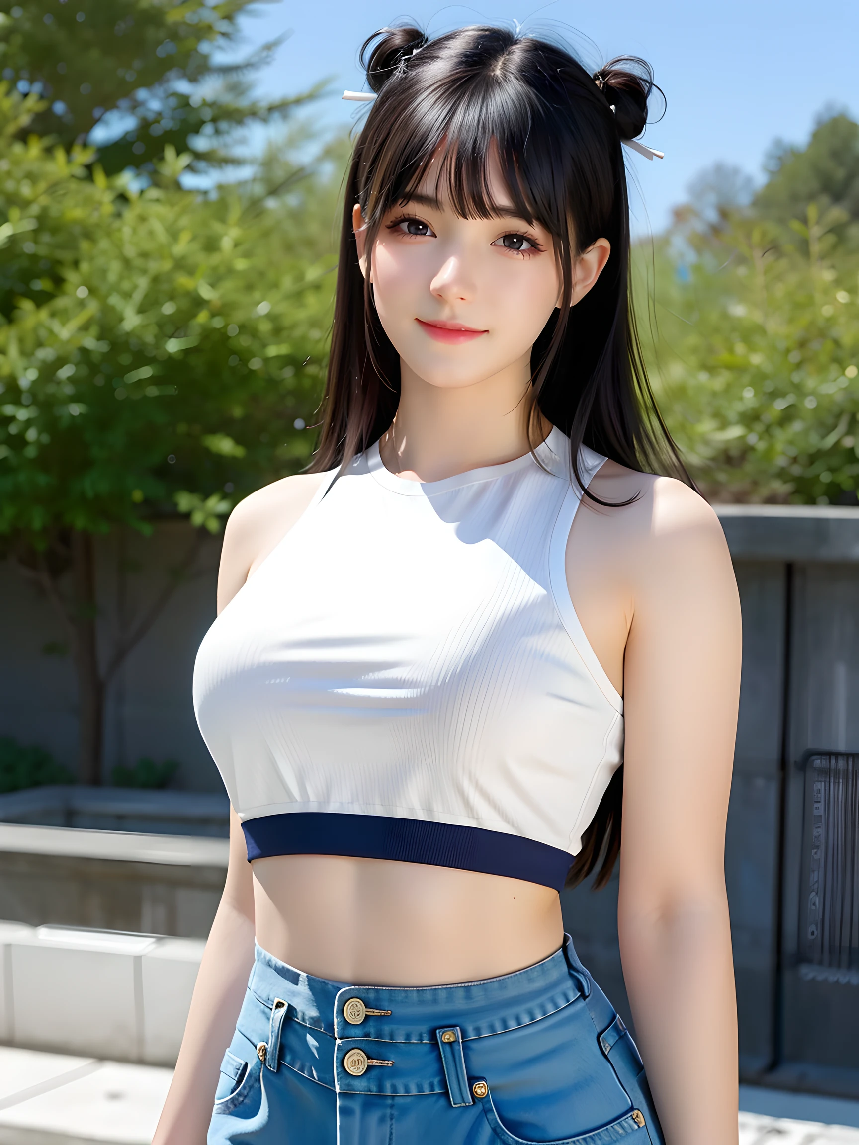 (Best quality, Masterpiece:1.1), (Realistic:1.4), 1girll, Upper body, Tight crop top,double tails, Studio