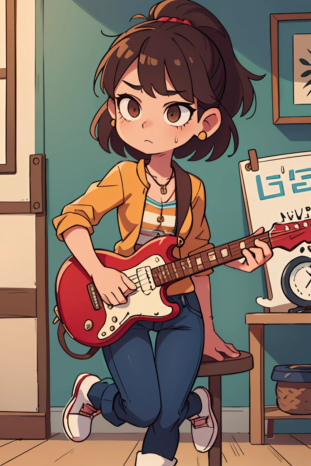 She has a graceful and slender figure with proportional shapes. She has short, stylish hair, which she wears with slight carelessness, emphasizing their ease and creativity. Her eyes are deep and bright, They can be green or brown in color, And those eyes sparkle, when she plays the guitar or knits.
She prefers to wear a comfortable one, but stylish clothes. She can often be seen wearing frayed jeans and a striped shirt, but always with a little twist, For example, decoration in the form of a guitar or knitting motif. On her feet, she often wears sneakers or flat boots, which highlights her active lifestyle.
She usually has a bit of makeup, which gives her face a fresh and natural look. She takes good care of her skin and hair, to keep them looking healthy and shiny. It is common to see a small tattoo or pendant in the form of a guitar on it, which highlights her passion for music.
On the whole, It looks bright and original, combining her creative nature and her love for music and handicrafts. Her appearance reflects her hobbies and strengths, making it attractive and interesting for others