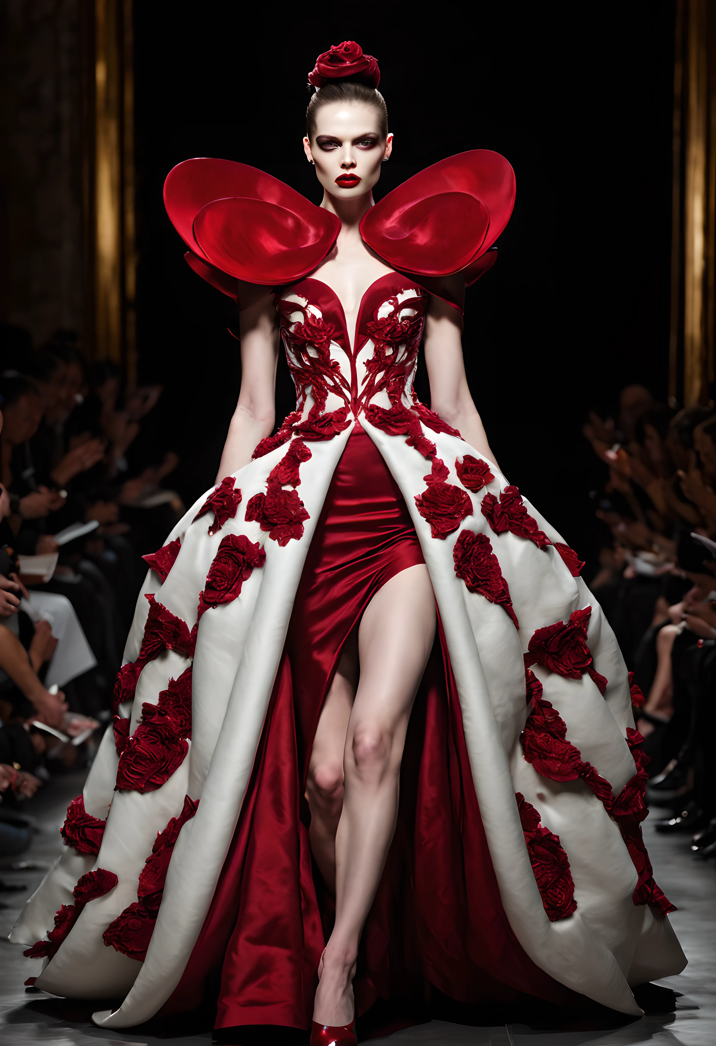 A model wears a red and white gown with a large flower on the skirt ...