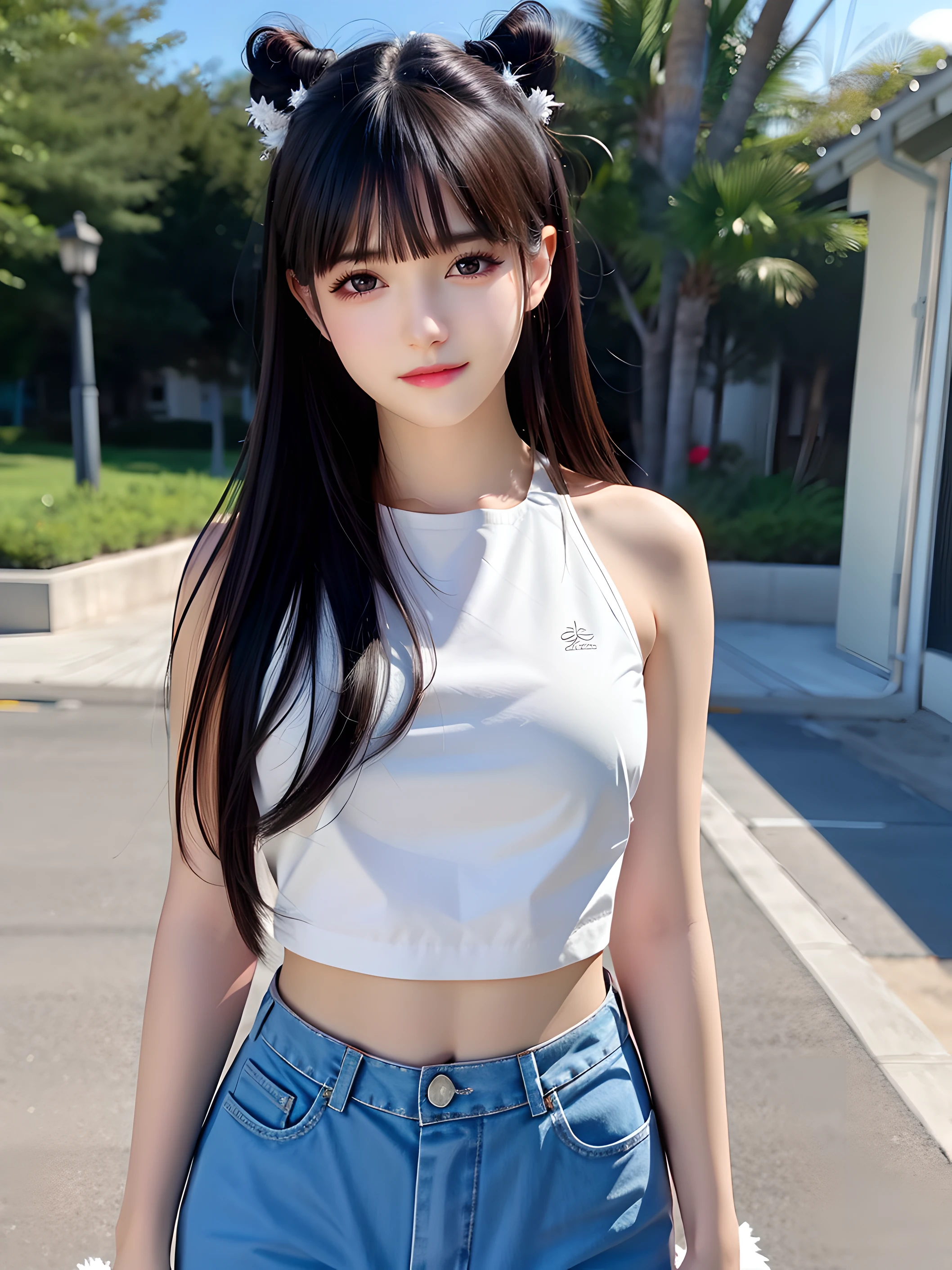 high resolution、The only Japanese girl、15 years old、A beautiful girl、Childish expression、Black and tanned skin、Topless、White tank top、Wearing denim shorts、Straight Hair、There is a mole on the chest、Skinny and slender、Narrow waist、Small breasts、Small breasts、smile、Accentuate your thighs、Low - Angle、