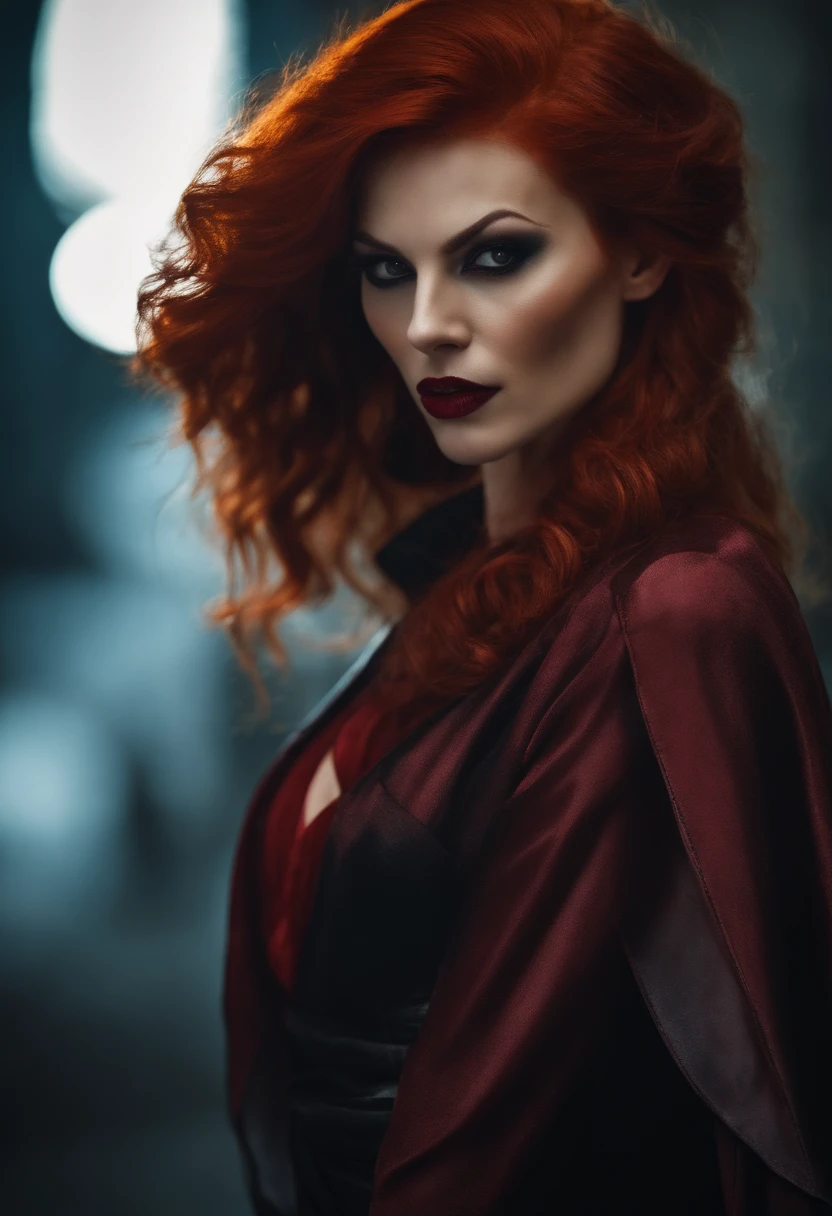 Red-haired vampire woman style Vampire: The Masquerade, Tzimisce clan, with fangs out, menacing 8k