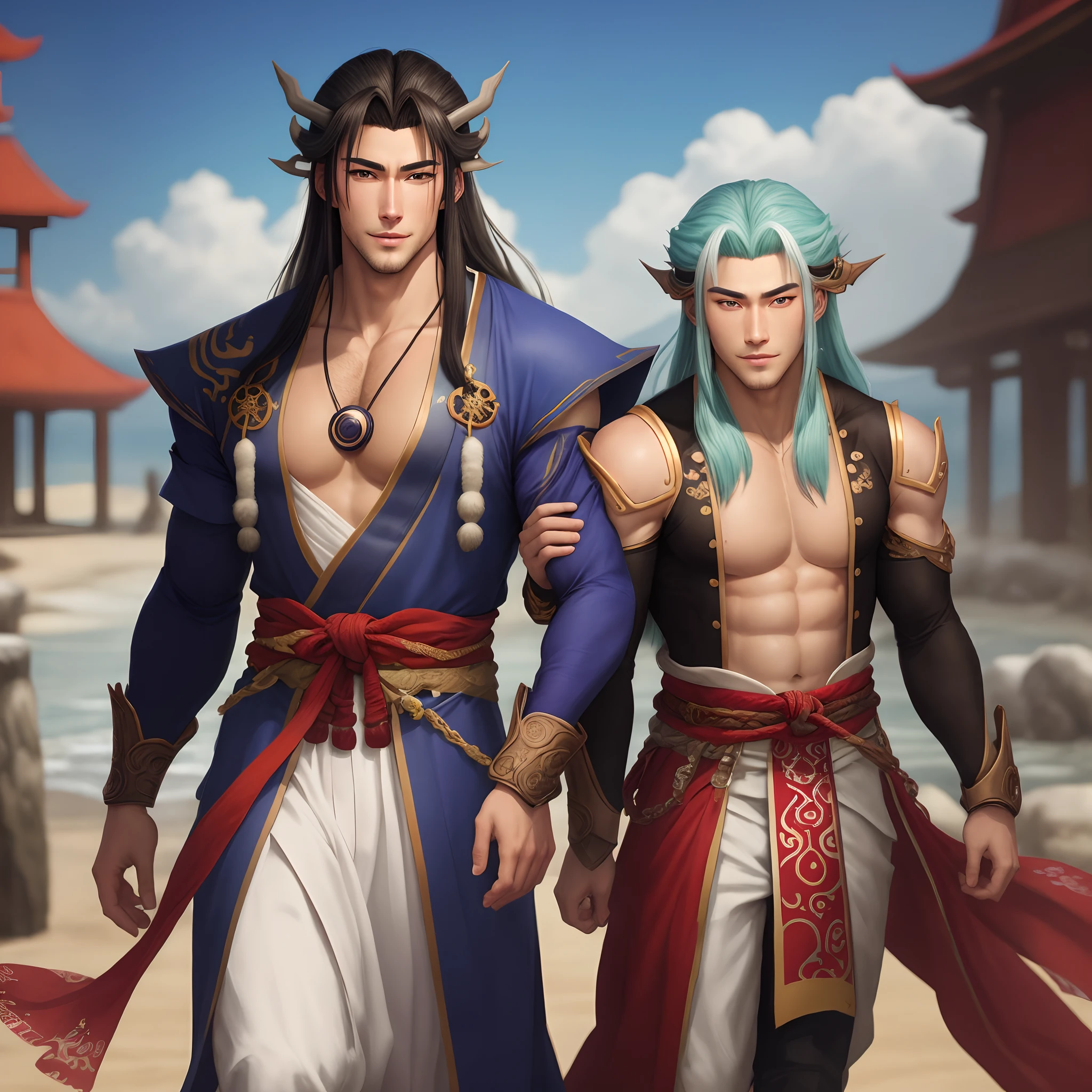 2 male concubines of the emperor of the Han dynasty, both standing beside each other both aged 30 muscular guys ,wearing ancient revealing Chinese dress with tight thongs showing off huge bulge with long silky hair and masculine features with a serious face looking at the ground.sexy men,Battle scars, bowing to the camera with the emperor behind the camera out of sight, men --auto --s2