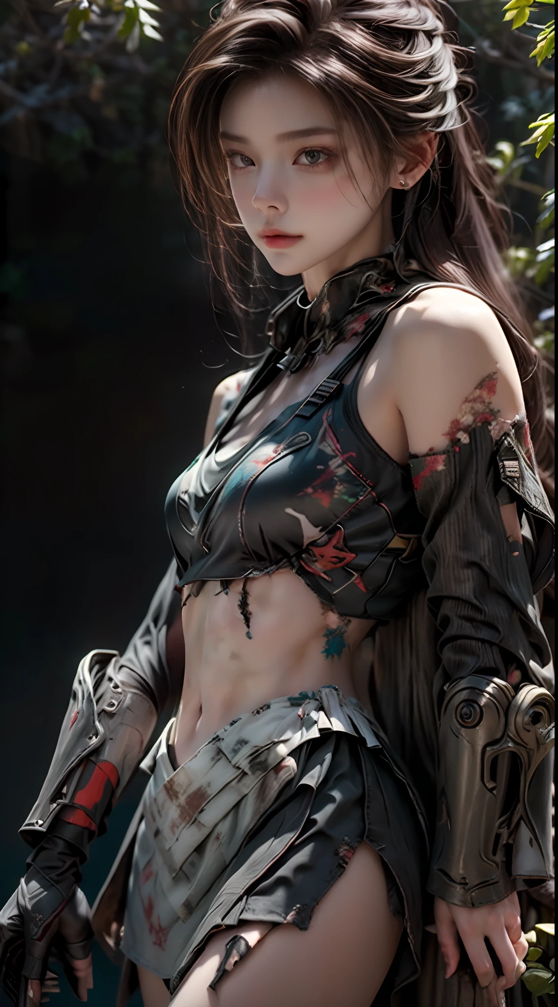 ((top-quality)), ((masterpiece)), (detaileds:1.4),3D, Beautiful Cyberpunk Woman Image,nffsw(HighDynamicRange),Ray traching,NVIDIA RTX,Hyper-Resolution,Unreal 5,Sub-surface scattering,PBR Texturing,Postprocess,Anisotropy Filtering,depth of fields,Maximum clarity and sharpness,multi-layer texture,Albedo and specular maps,Surface Shading,Accurate simulation of light-material interactions,perfectly proportions,Octane Rendering,Two-tone lighting,Wide aperture,Low ISO、White Balance、thirds rule、8K Raw、(Armor with a red dragon design),(((Clothes and armor are tattered))),(((Clothes are stained with dirt or dust))),((Upper body portrait))(((a miniskirt)))