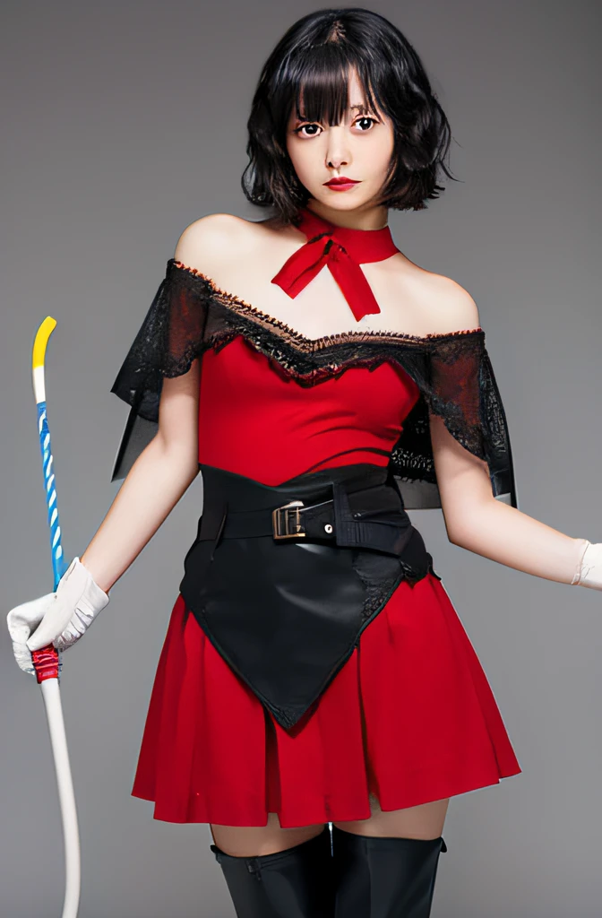 White background in studio. A villain played by a Japanese teenage actress (wavy bob, black hair), wearing a seductive villain costume (black and red, sheer skirt, boots), standing, holding a whip.