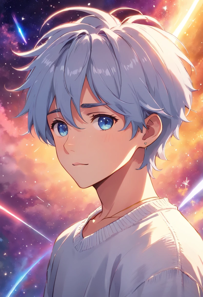 a  boy with a faint smile on his face, silver hair with galaxy colored eyes, wearing a white sweater and a gold earring in his left ear.