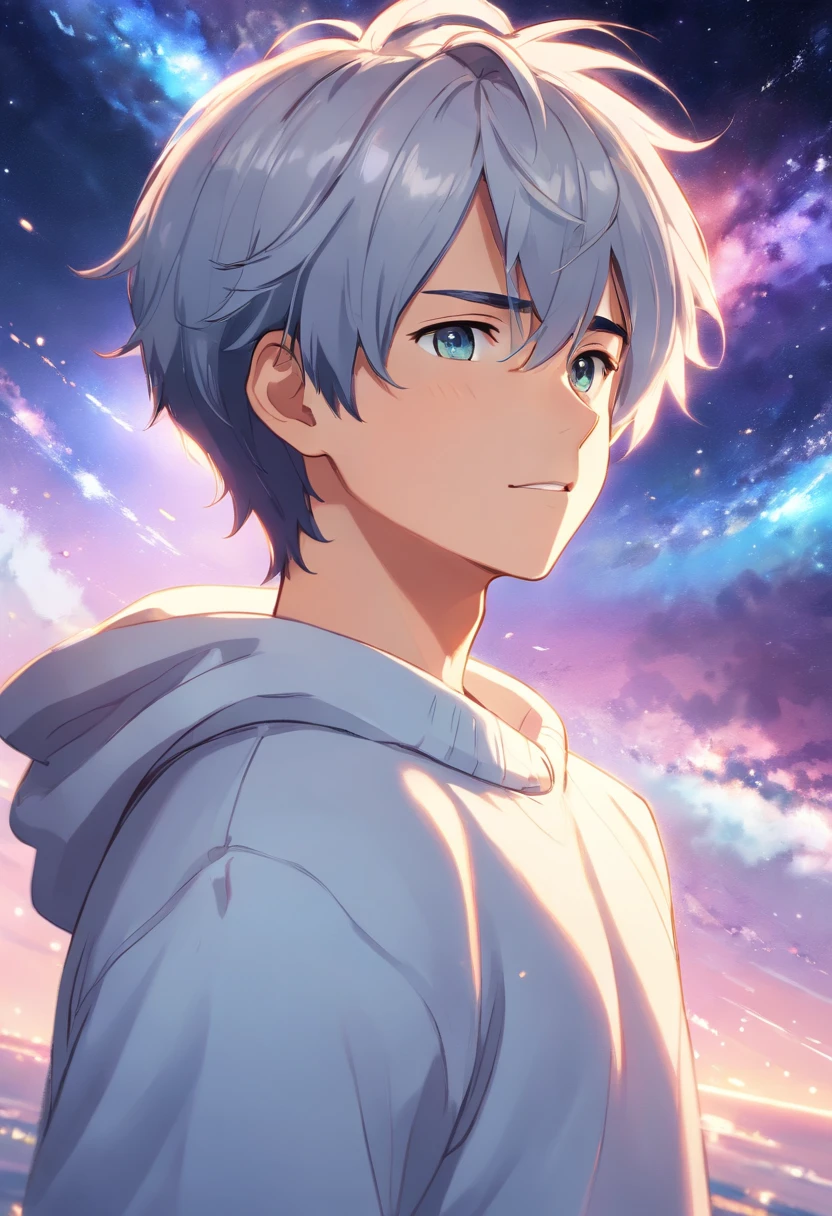 a boy with a faint smile on his face, silver hair with galaxy colored eyes, wearing a white sweater and a gold earring in his left ear.