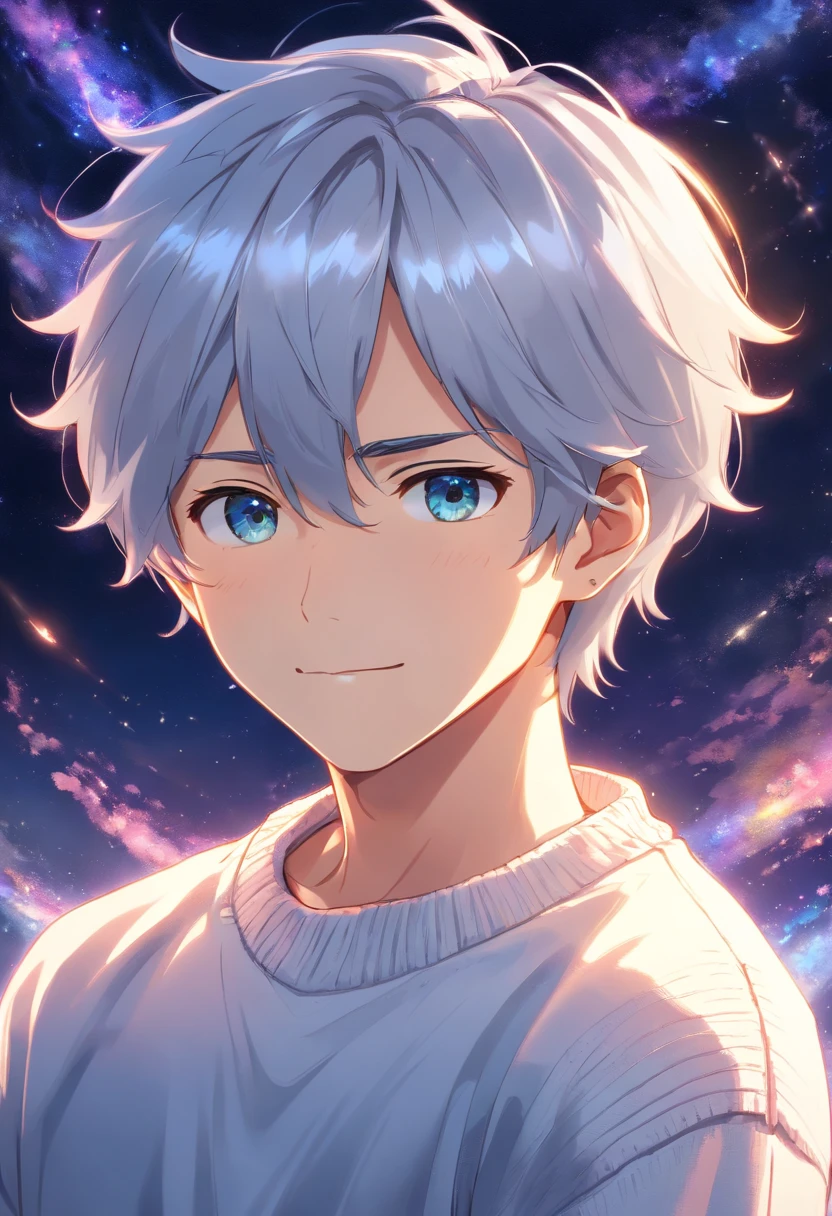 a  boy with a faint smile on his face, silver hair with galaxy colored eyes, wearing a white sweater and a gold earring in his left ear.