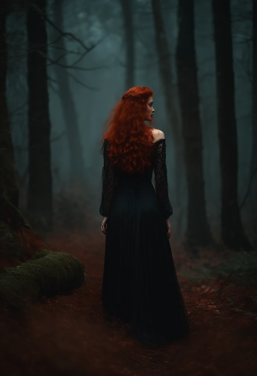 Red-haired beautiful witch woman in a dark forest with some dark sevants close to her 8k