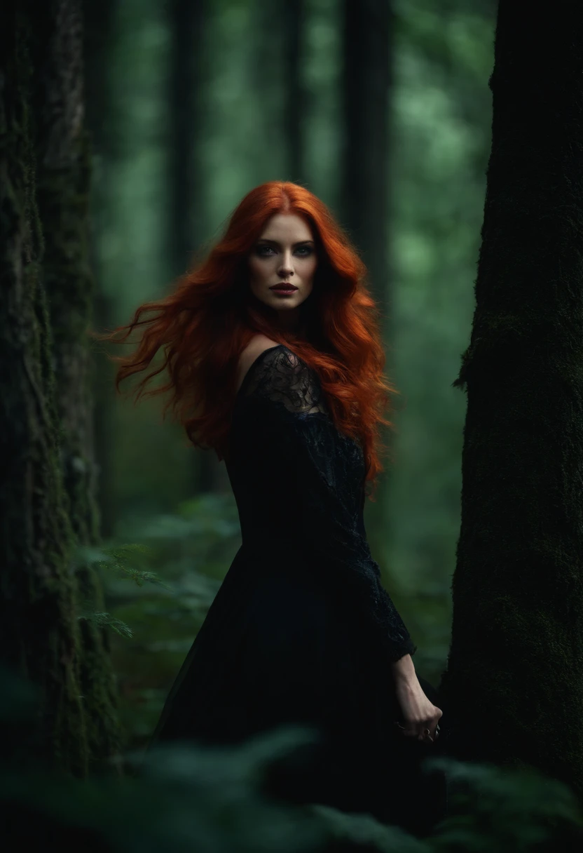 Red-haired beautiful witch woman in a dark forest with some dark sevants close to her 8k