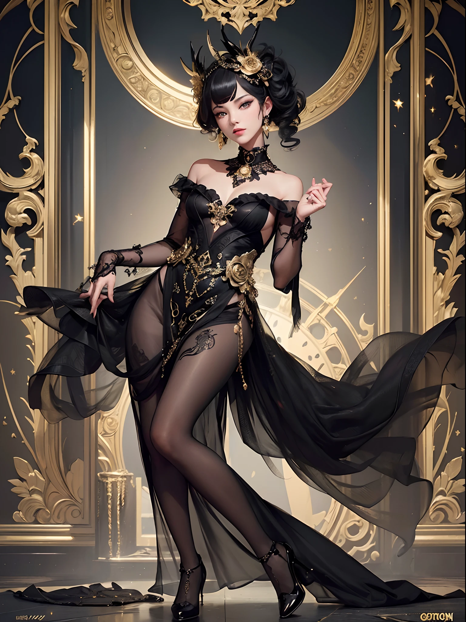 Black cat motif、Black and gold tones、Vibrant colors、((​masterpiece)))、(((top-quality)))、((ultra-detailliert))、(A hyper-realistic)、(highly detailed CGillustration）、Official art、Berlin in the 1920s、Decadent、Madame Cat Noir、Masquerade、Elegance、Masks that cover the eyes、Colorful and detailed mask design、matchless beauty、Fans、Female Solo、gorgeous dress、jewely、Perfect Angle、Dynamic Poses、→ direction、perfect-composition、full body Esbian
