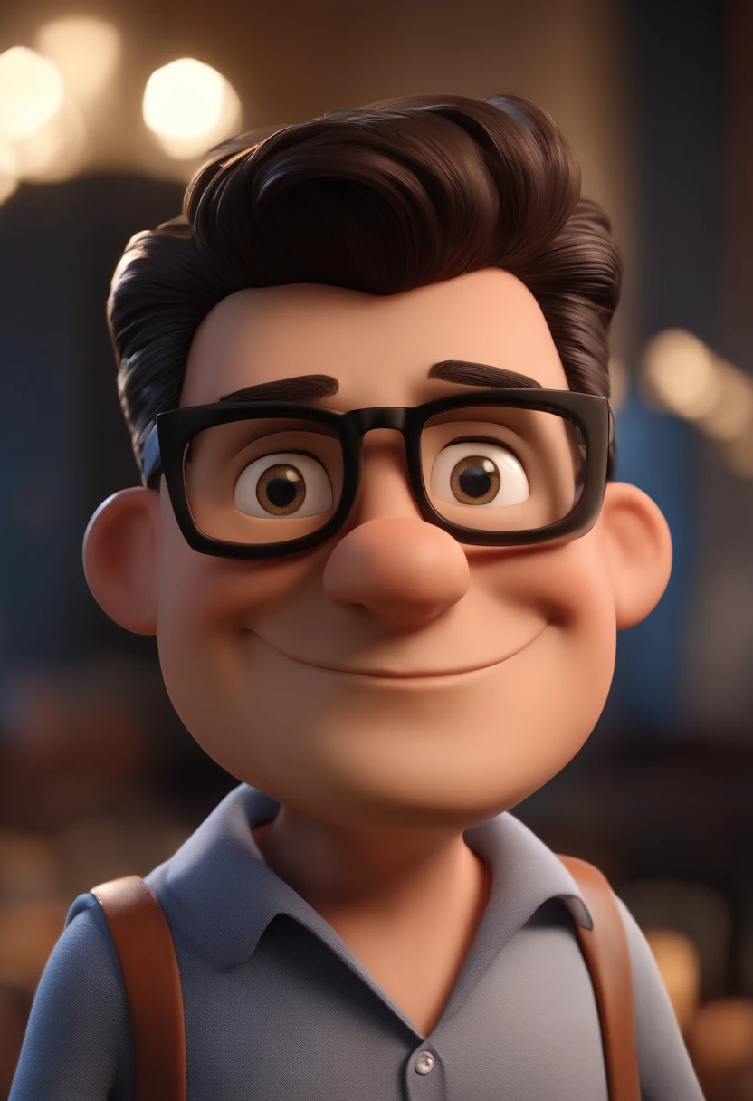 Cartoon character of a man with black glasses and a blue shirt, animation character, Caractere estilizado, animation style rendering, 3D estilizado, Arnold Maya render, 3 d render stylized, toon render keyshot, Personagem 3D, Personagem 3D, 3d rendering stylized, 3 d character render, personagem de desenho animado, Personagem de close up, Pose de personagem,  (Estilo Pixar) (master part:1.2) (Bokeh) (best quality) (pele detalhada) (textura detalhada) (8k) (argila) (Cinematic lighting) (foco nítido