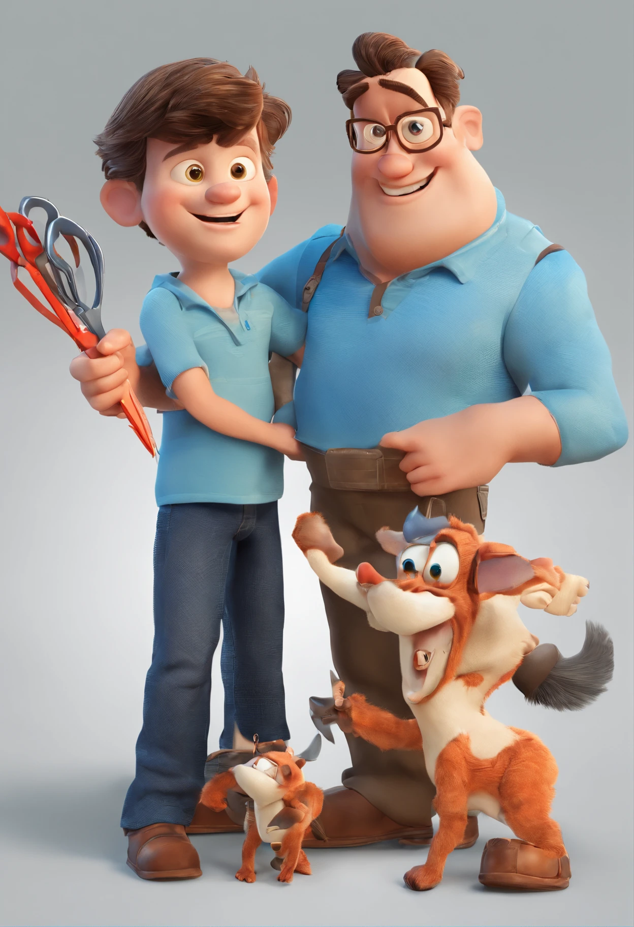 Estilo Pixar: The grown man is holding a naked blue-eyed boy and in his other hand he is holding a pair of scissors and is trying to cut off the boy's testicles,3D Poster,Disney