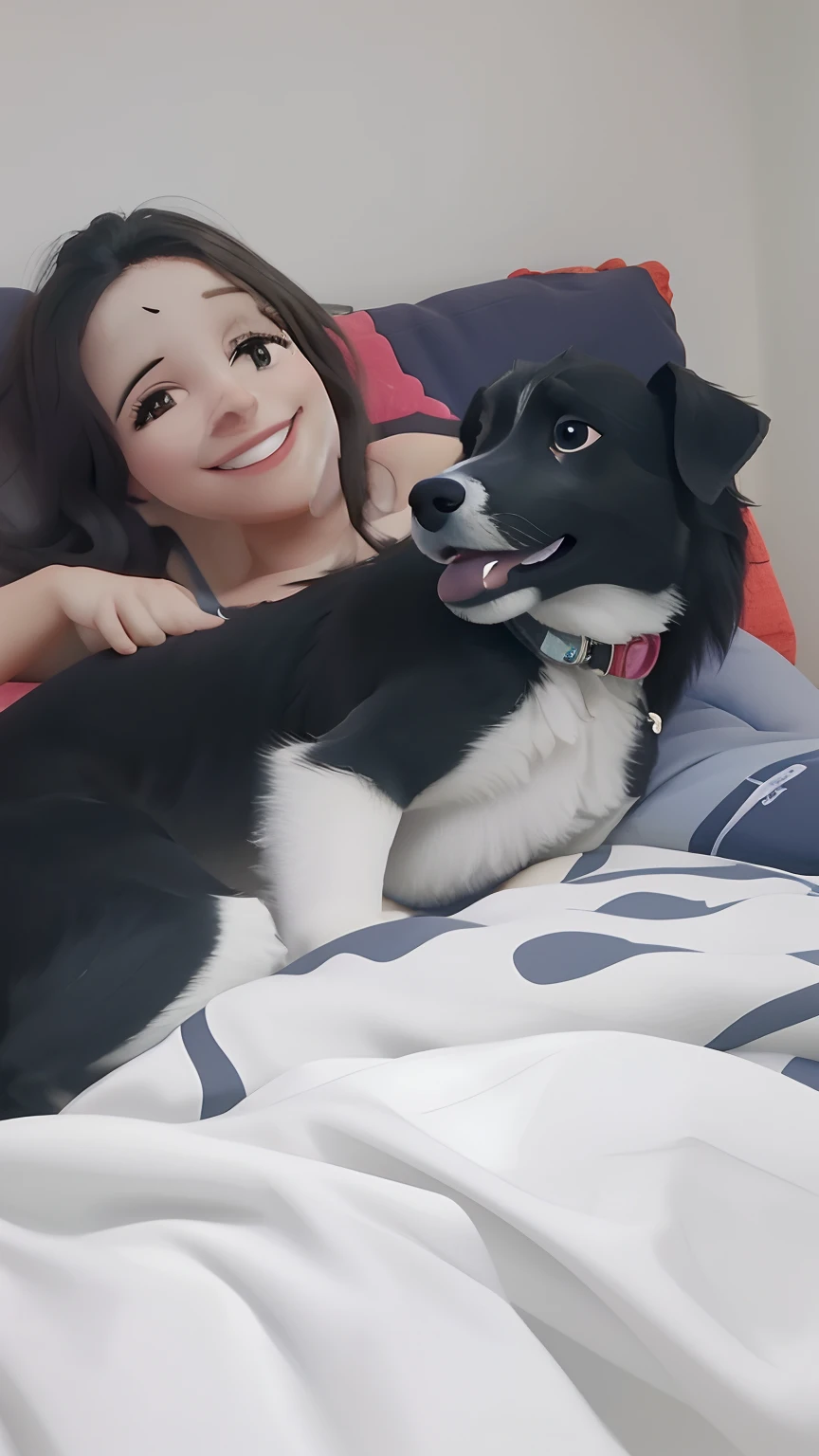 mulher deitada na cama com cachorro no colo e sorrindo, relaxing and smiling at camera, happily smiling at the camera, border collie, 1 8 I, 2 5 I, deitada de costas em uma cama, she is laying on her back, deitado na cama, aw, both smiling for the camera, she is smiling and excited, Aussie, muito bobo olhando