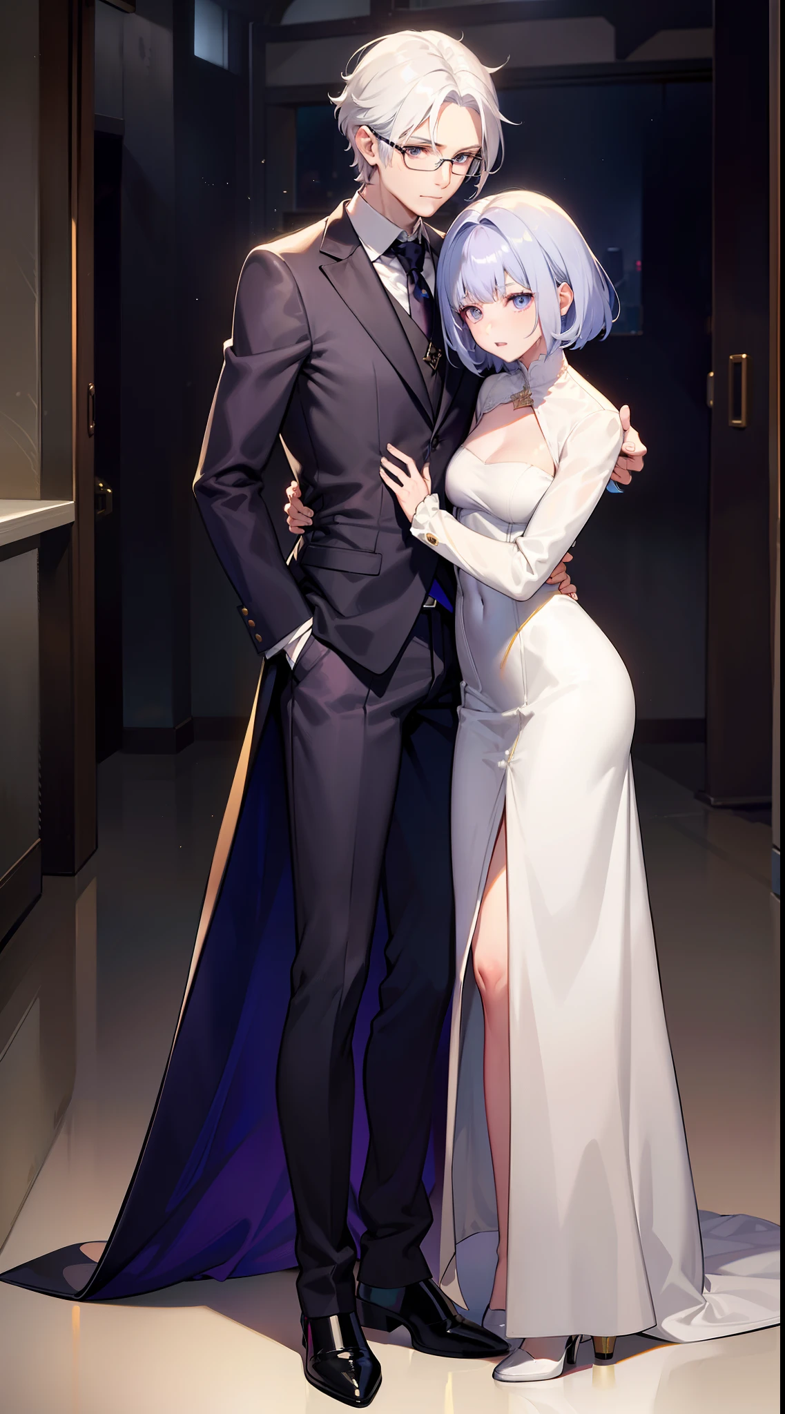 masculine, White Hair, Height 185 Height, short hairstyles, short hairstyles. Wear suit glasses.., Blue Eyes, Women, Golden Hair, Height 155. Wear glasses, long-haired., purple eyes. Put on a dress... Stand hugging each other... Two Hands