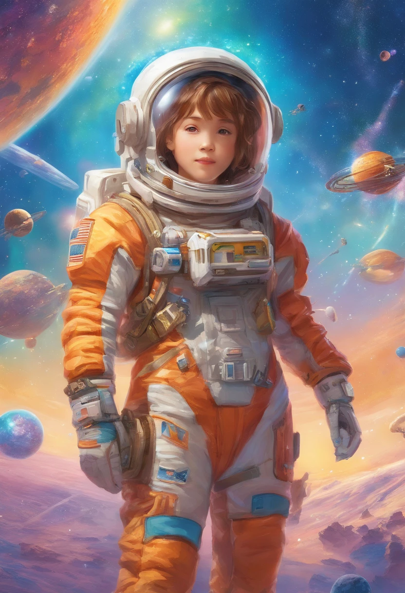 In this captivating oil painting, Encounter majestic deep space probes. The main subject is futuristic, Humanoid figure in sleek clothes, Metal spacesuit, Glowing visor and complex circuitry visible on the helmet. The images are meticulously detailed paintings, Capture explorers in the vastness of outer space, Surrounded by swirling nebulae and distant galaxies. The artist's skillful brushstrokes bring the scene to life, Vividly depicts the awe and wonder of an explorer navigating an unknown world. This high-quality video is、Immerse the viewer in the grandeur of space exploration, Evoke both mystery and excitement.