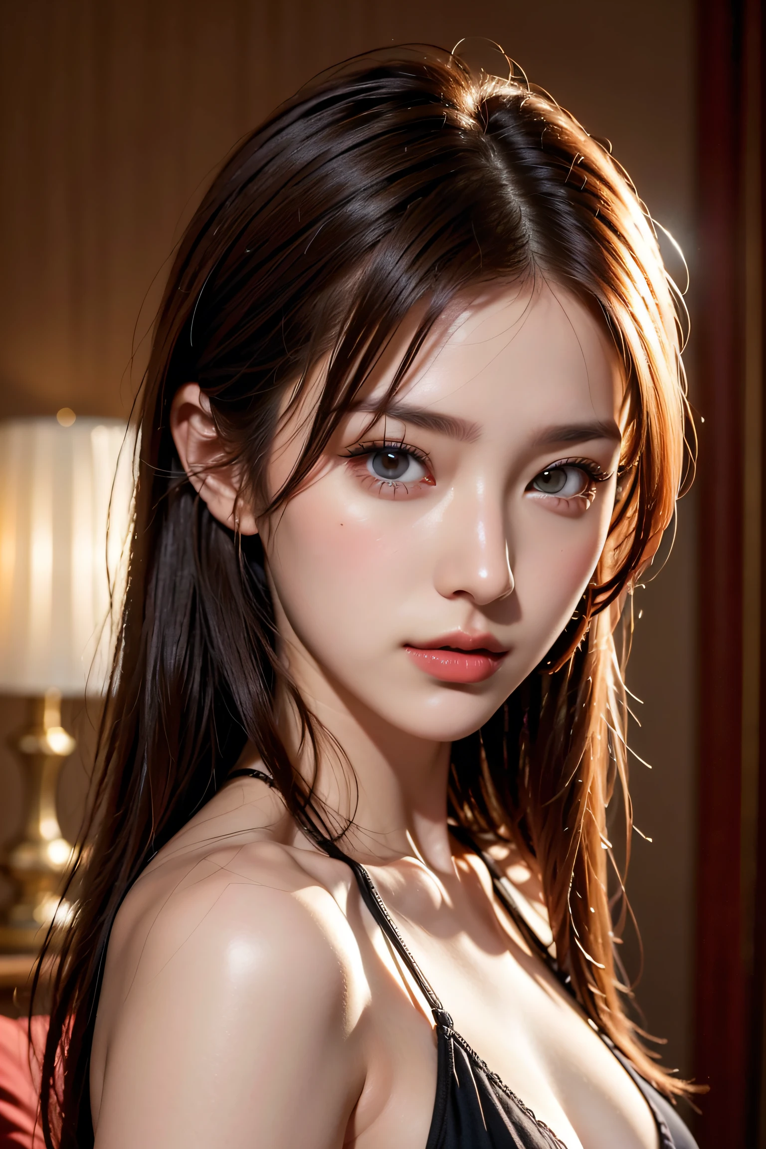 (highest quality、table top、8K、best image quality、Award-winning work)、(one young girl, :1.3)、(red eyeshadow:1.2)、perfect makeup、long eyelashes、Super high-definition sparkling eyes、ultra high definition hair、ultra high resolution glossy lips、Super high resolution perfect teeth、Super high resolution cute face、brown hair、(very long straight hair:1.1)、look at me and smile、[clavicle]、accurate anatomy、Luxury love hotel、(The most moody warm lighting:1.2)、blurred background、Super high-resolution glossy and moisturized face、Super high resolution glowing skin、most detailed face、Ultra high resolution detailed faces、ultra high resolution hair、Super high resolution sparkling eyes、Beautiful face drawn in every detail、Super high resolution glossy red lips、(((Naked 1.5)))、(((full nude 1.5)))、