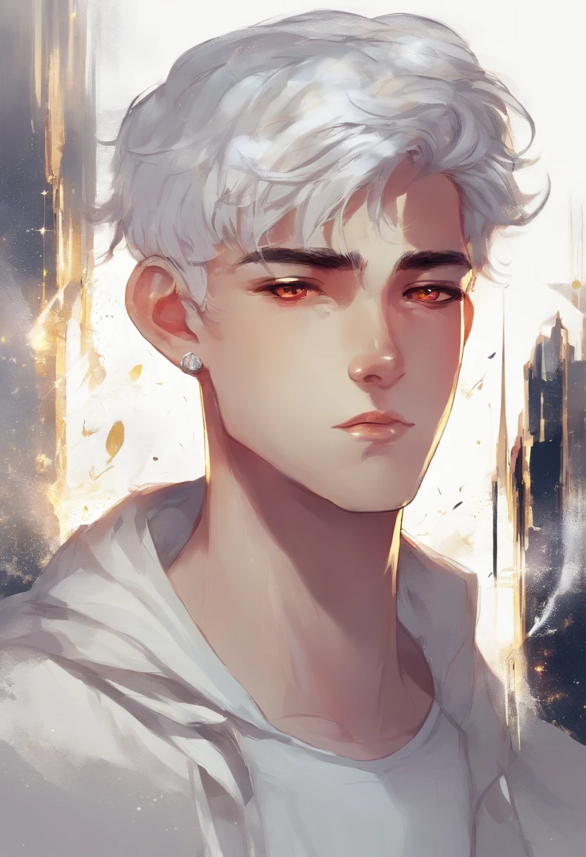 a teenage boy with a faint smile on his face, silver hair with galaxy colored eyes, wearing a white sweater and a gold earring in his left ear.