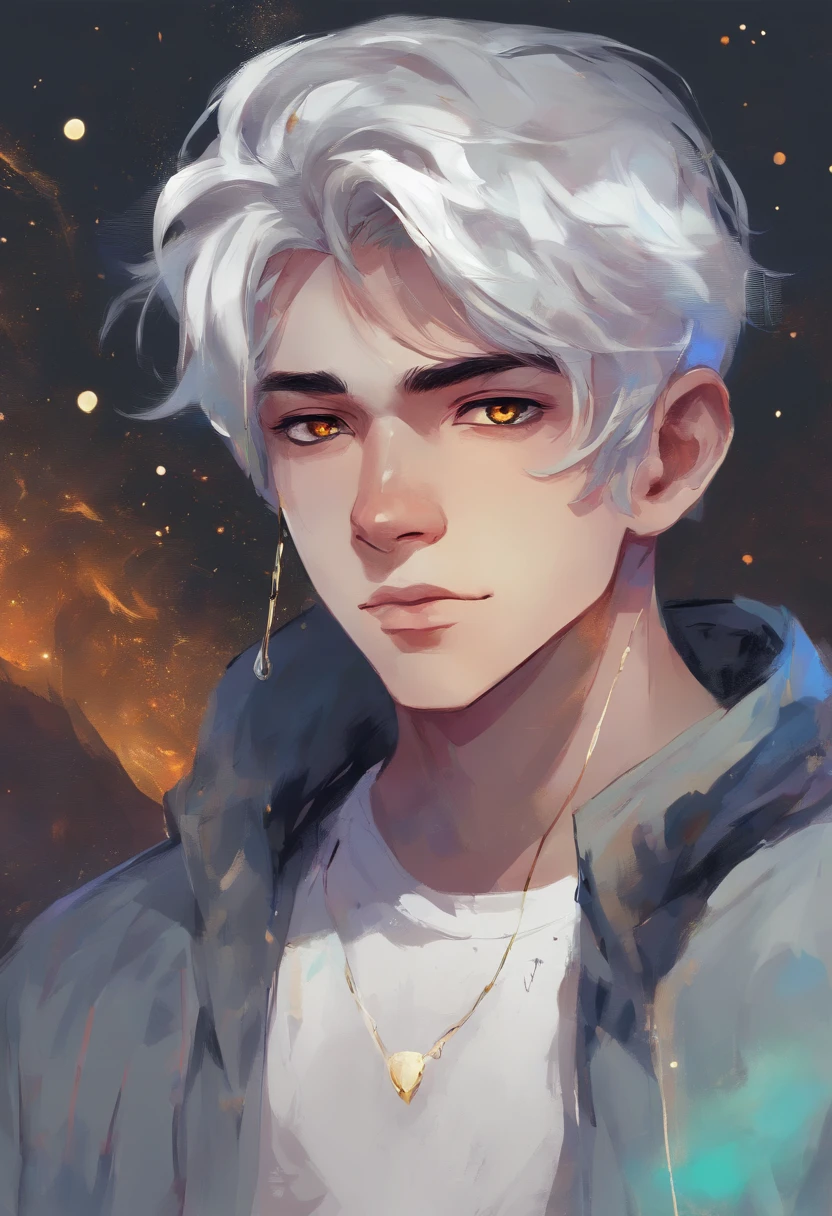 a teenage boy with a faint smile on his face, silver hair with galaxy colored eyes, wearing a white sweater and a gold earring in his left ear.