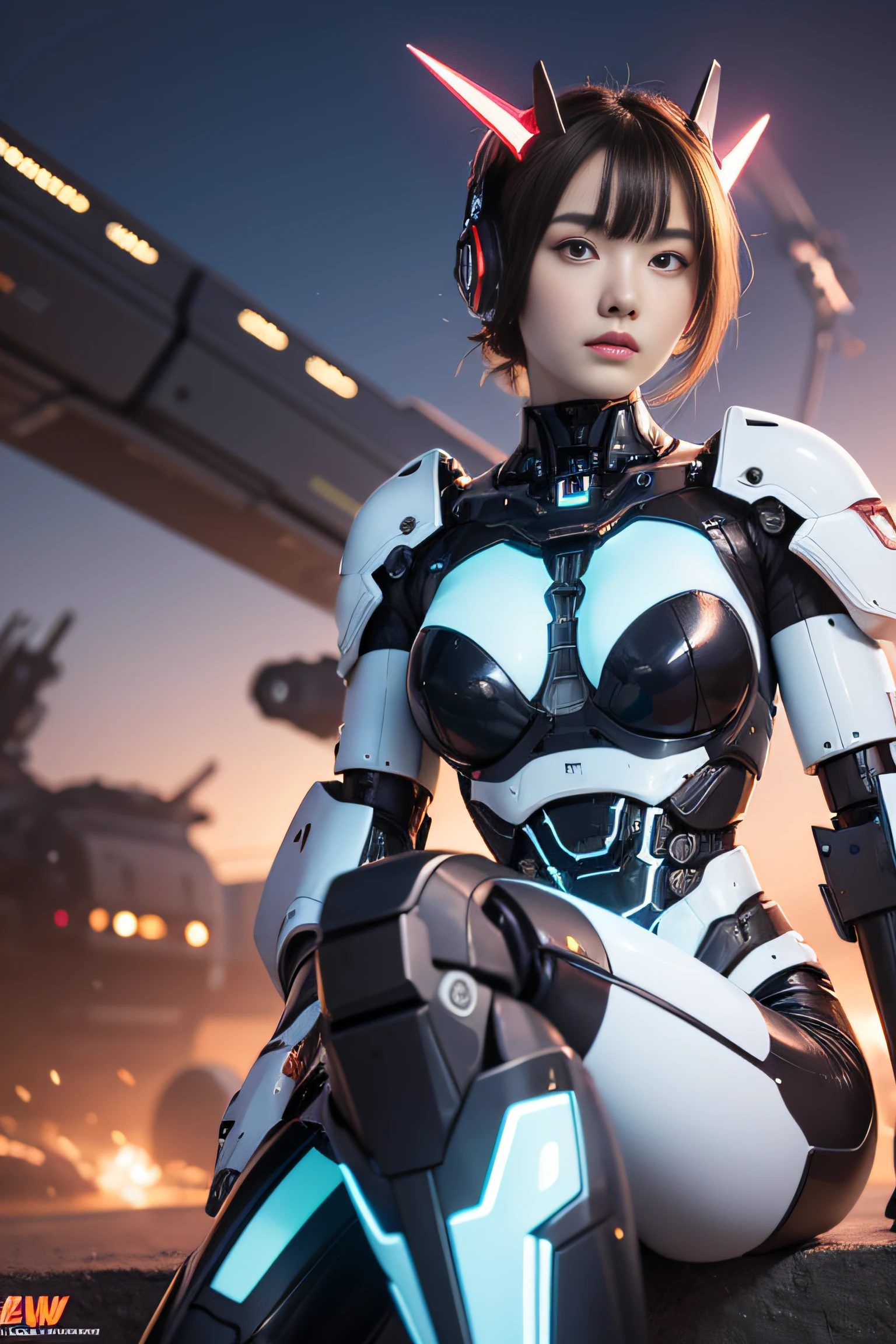 Beautiful 18-year-old woman, futuristic technology background, future war vehicle in the background, shoulder-mounted mechs with cannon-shaped headlights, metallic bikini top, holding a mechanical energy sword, blue electric glow in her eyes, electric arcs surrounding her body, studio lighting effects, metallic high-cut shorts, mecha boots, massive breasts, Sitting on a mecha combat vehicle,