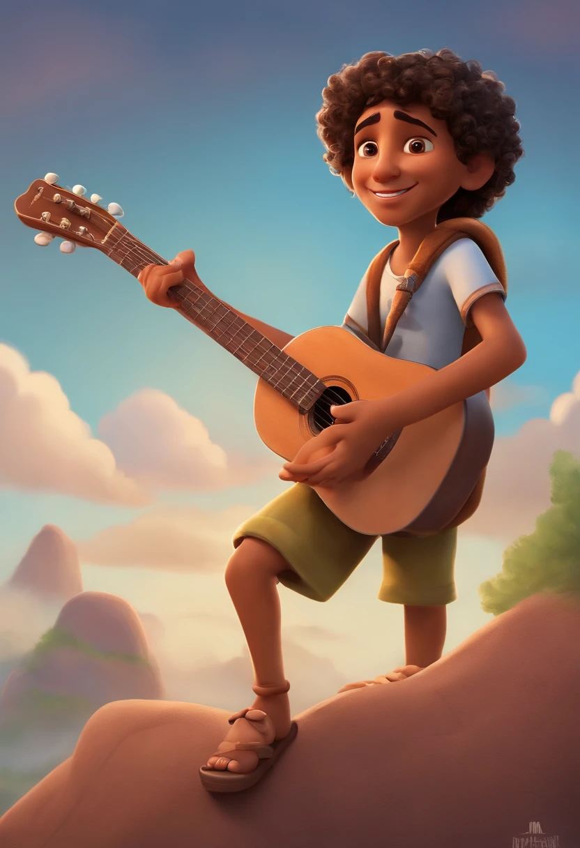 crie um banner no estilo Pixar. A boy with Indian features, moreno pardo com cabelos curtos, Castanhos escuros, Curly and slightly grayish appearance, mas jovem, usando uma camiseta, Wearing jeans and holding a classical guitar with 7 strings.
