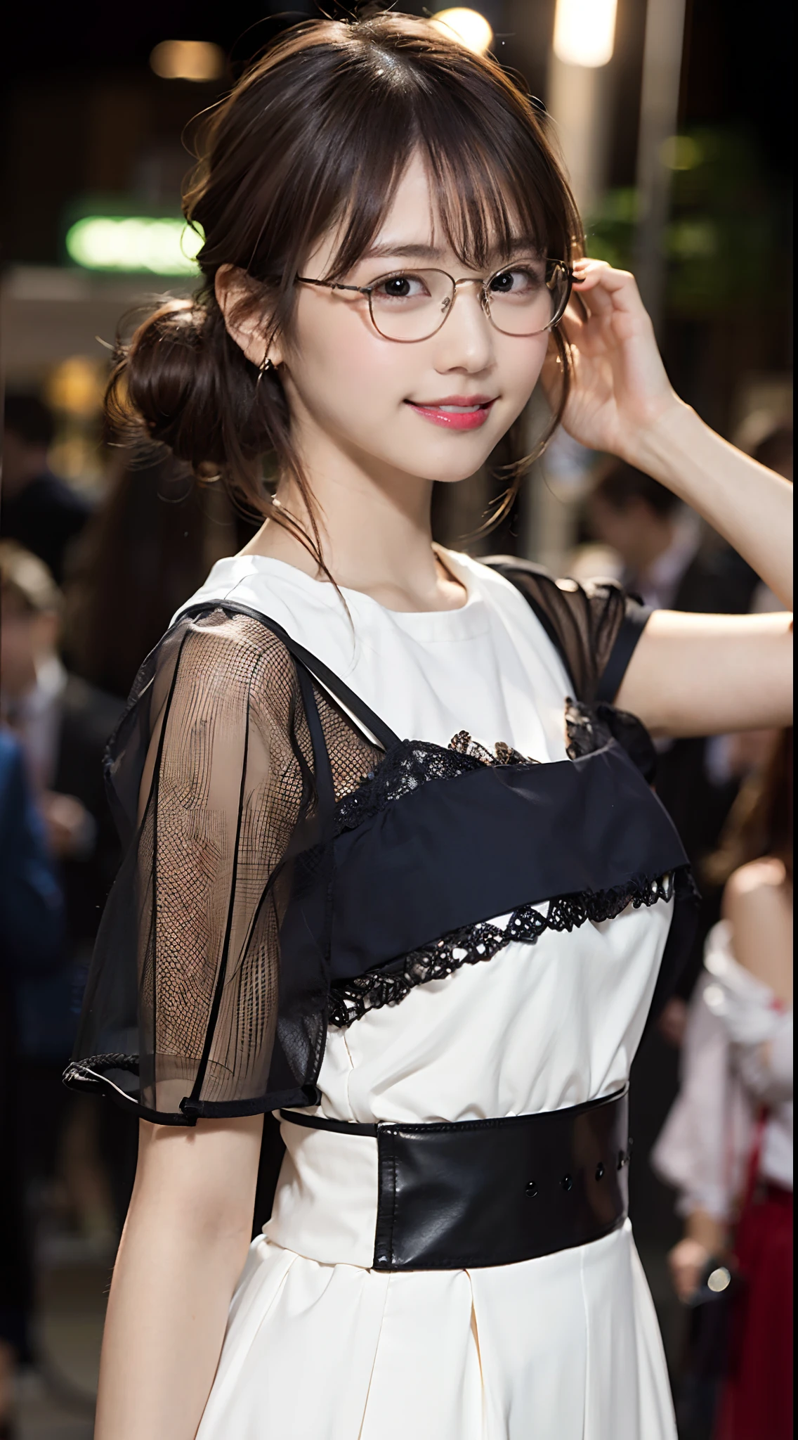 (8K、Raw photography、top-quality、​masterpiece:1.2)、(realisitic、Photorealsitic:1.37)、ultra-detailliert、超A high resolution、女の子1人、see the beholder、beautifull detailed face、A smile、Constriction、(Slim waist) :1.3)、((White blouse clothes))、Beautiful detailed skin、Skin Texture、Floating hair、((Hair bunched into one))、large full breasts、Professional Lighting、In front of the station at noon、((Black square glasses))、Whole human body、Brown hair、Telephone calls、