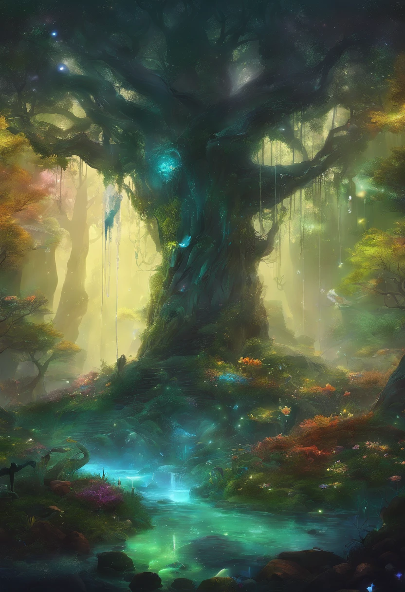 （Enchanted Forest 7，Magical creatures，（Glowing mushrooms），Sparkling waterfalls，Fantasy，Leonora Carrington，Forest of Illusions，Hazy perspective，The tree々Sunlight coming in from between，（Shining sika deer），Rich in color，assignment，光影效果，K HD，tmasterpiece，Detailed details，Depth of Field Fairy