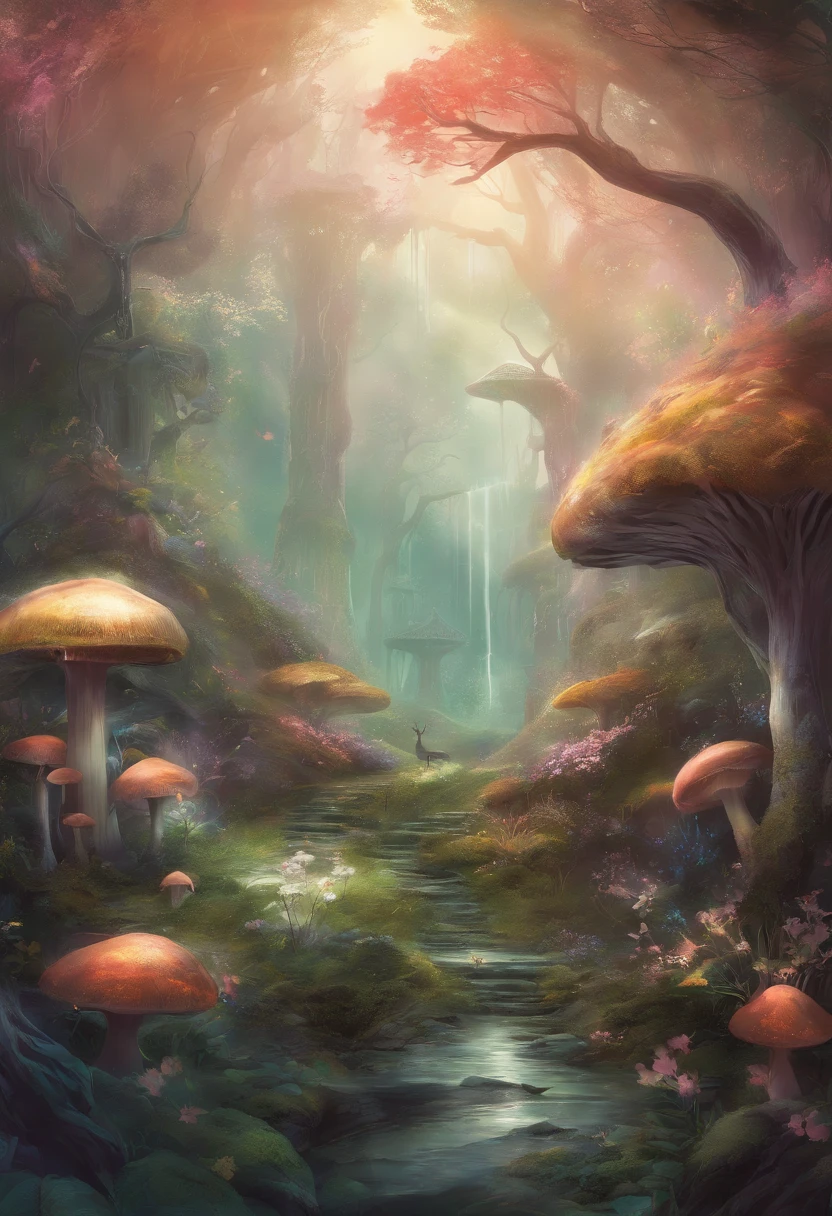 (Enchanted Forest 7,Magical creatures,(Glowing mushrooms),Sparkling waterfalls,Fantasy,Leonora Carrington,Forest of Illusions,Hazy perspective,The tree々Sunlight coming in from between,(Shining sika deer),Rich in color,assignment,光影效果,K HD,tmasterpiece,Detailed details,Depth of Field Fairy